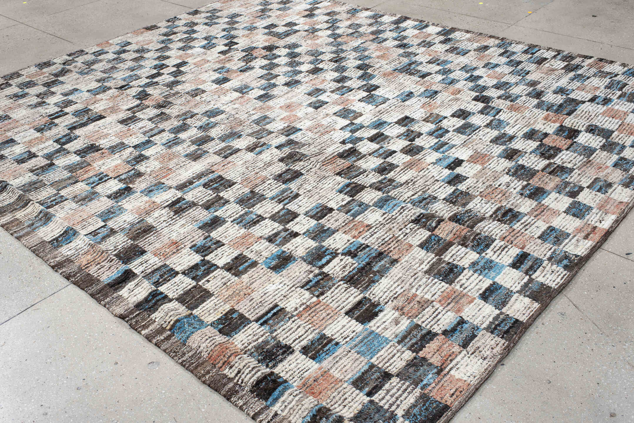 9' x 11' one-of-a-kind handmade vintage Tulu large size rug. Color palette: ivory, charcoal, sky_blue, blush, taupe, slate