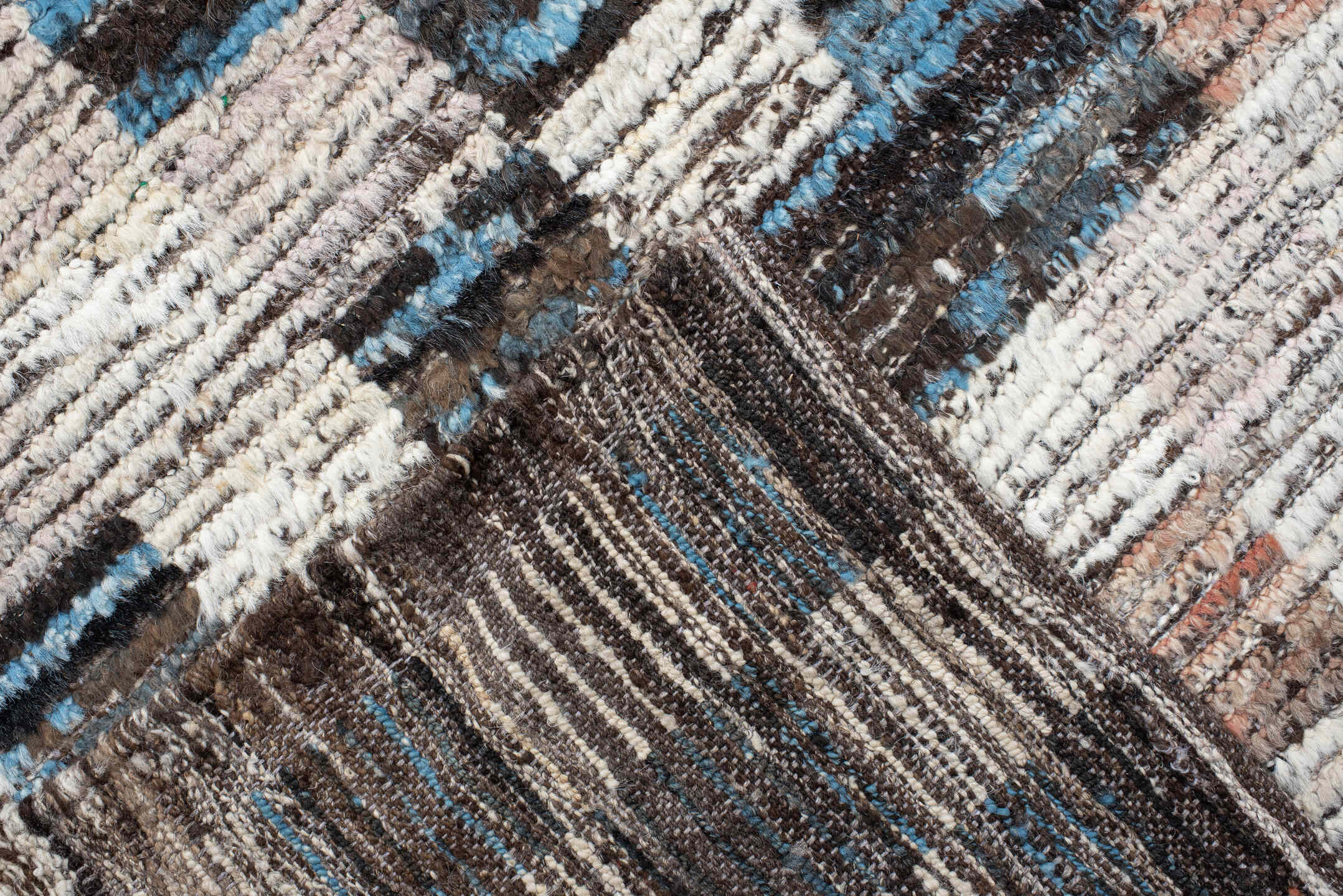 9' x 11' one-of-a-kind handmade vintage Tulu large size rug. Color palette: ivory, charcoal, sky_blue, blush, taupe, slate