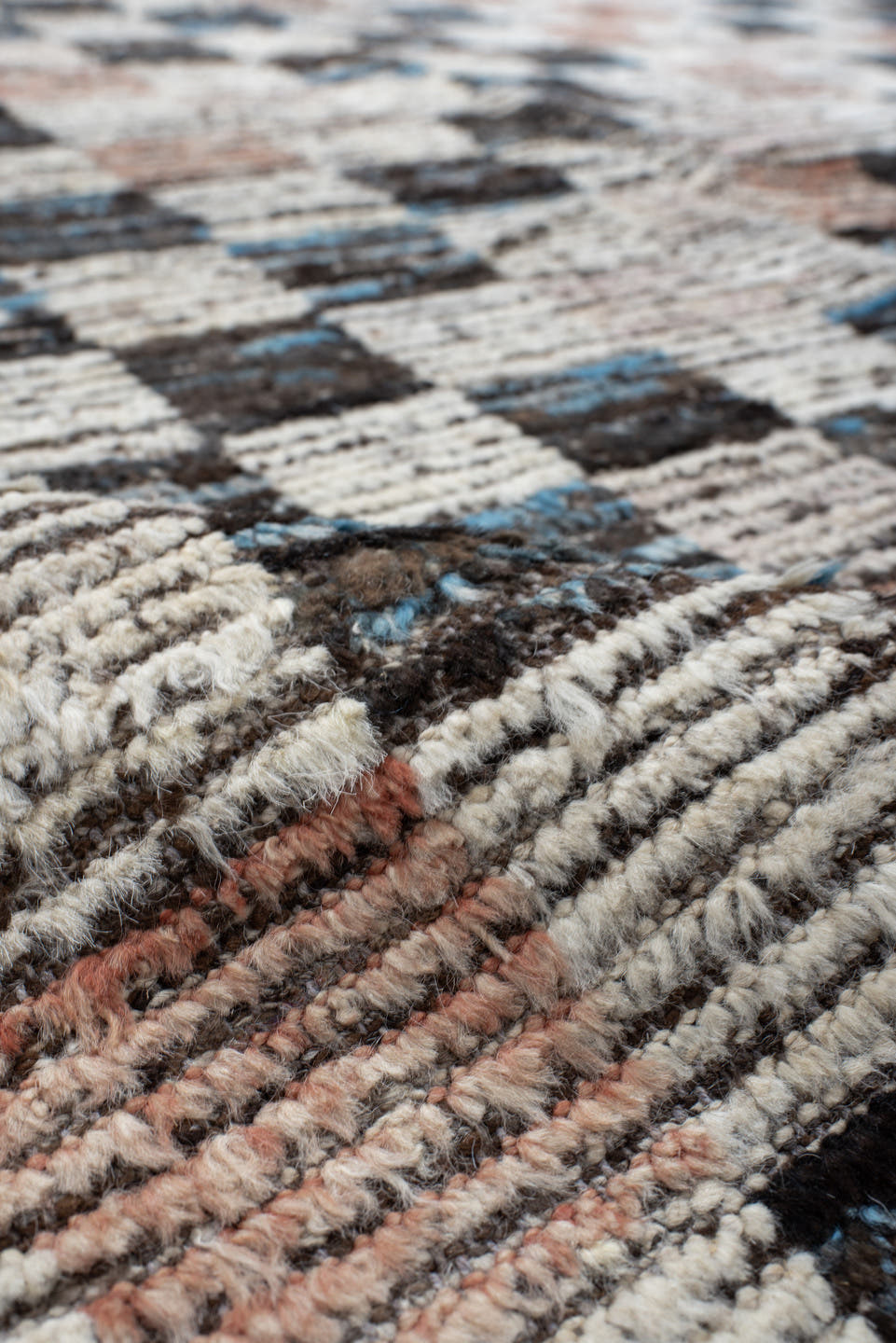 9' x 11' one-of-a-kind handmade vintage Tulu large size rug. Color palette: ivory, charcoal, sky_blue, blush, taupe, slate