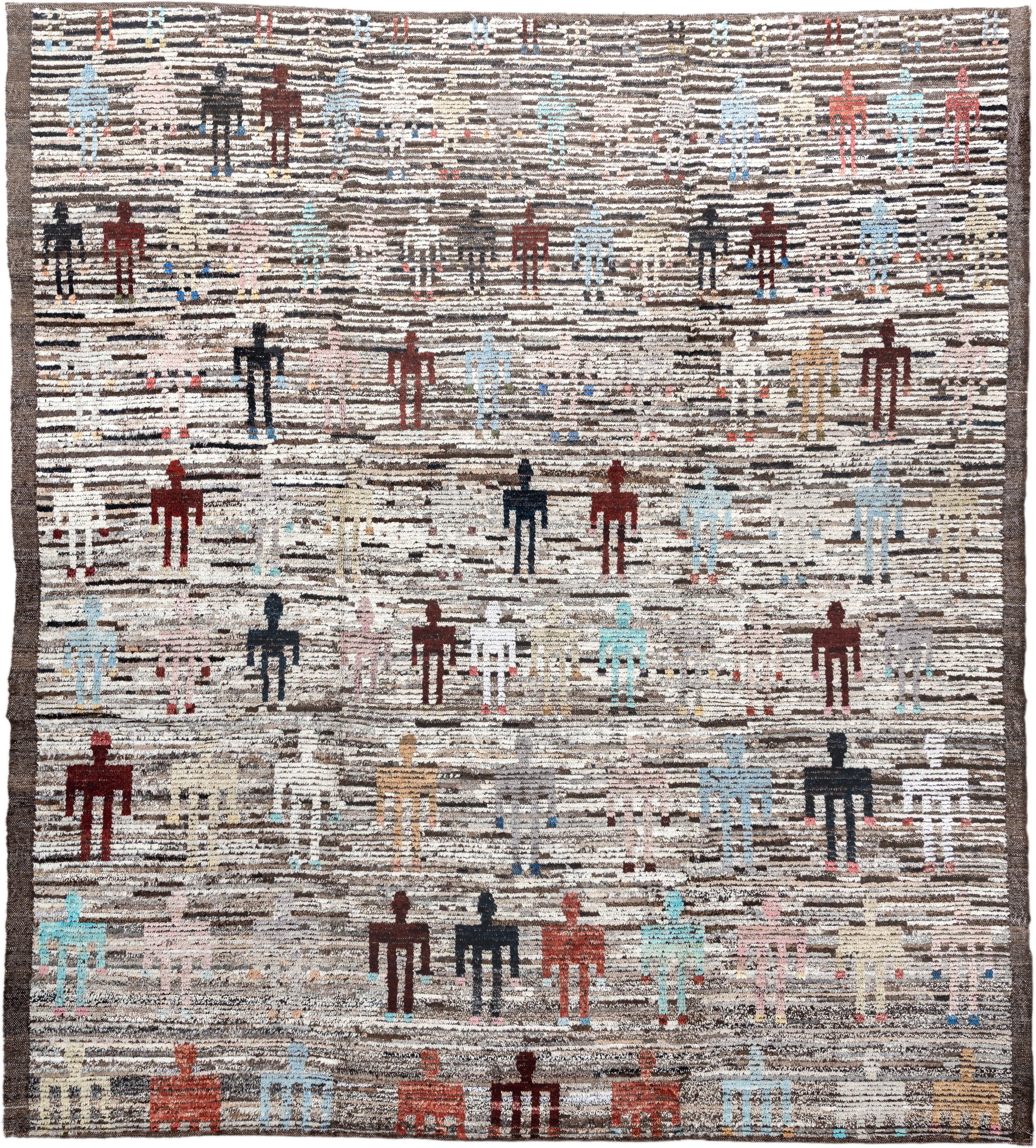 8' x 9' one-of-a-kind handmade vintage Tulu rug. Color palette: ivory, brown, taupe, rust, pale_blue, charcoal, burgundy