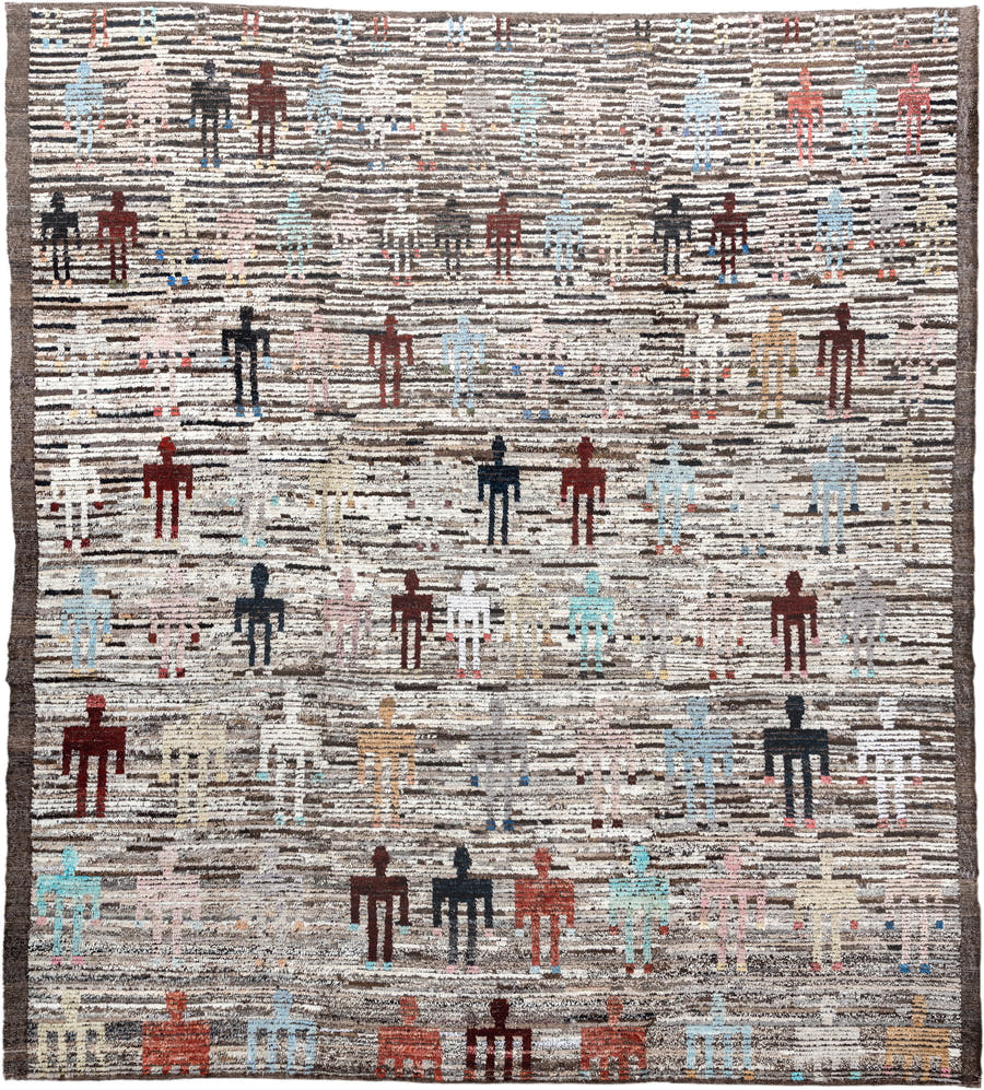 8' x 9' one-of-a-kind handmade vintage Tulu rug. Color palette: ivory, brown, taupe, rust, pale_blue, charcoal, burgundy