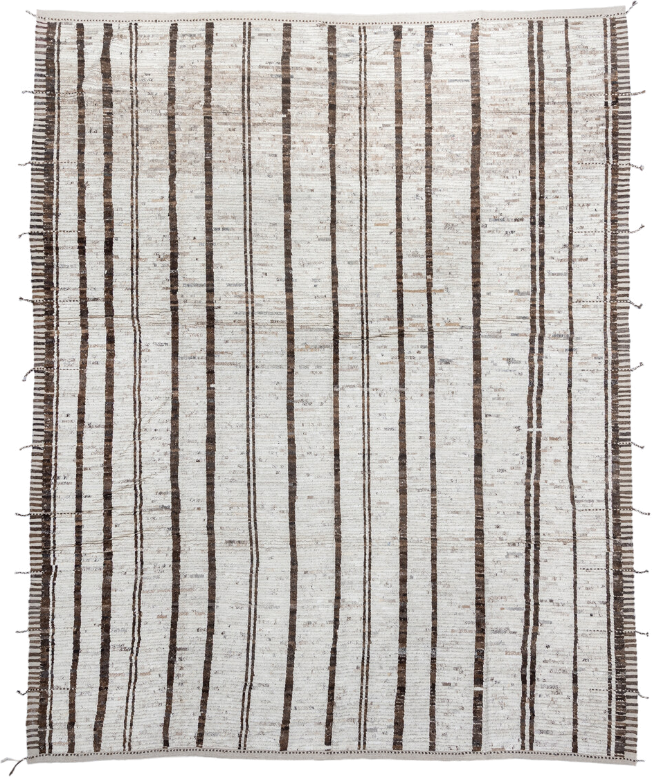 11' x 13' one-of-a-kind handmade vintage Tulu oversize rug. Color palette: ivory, brown, taupe, charcoal, beige, gray, black