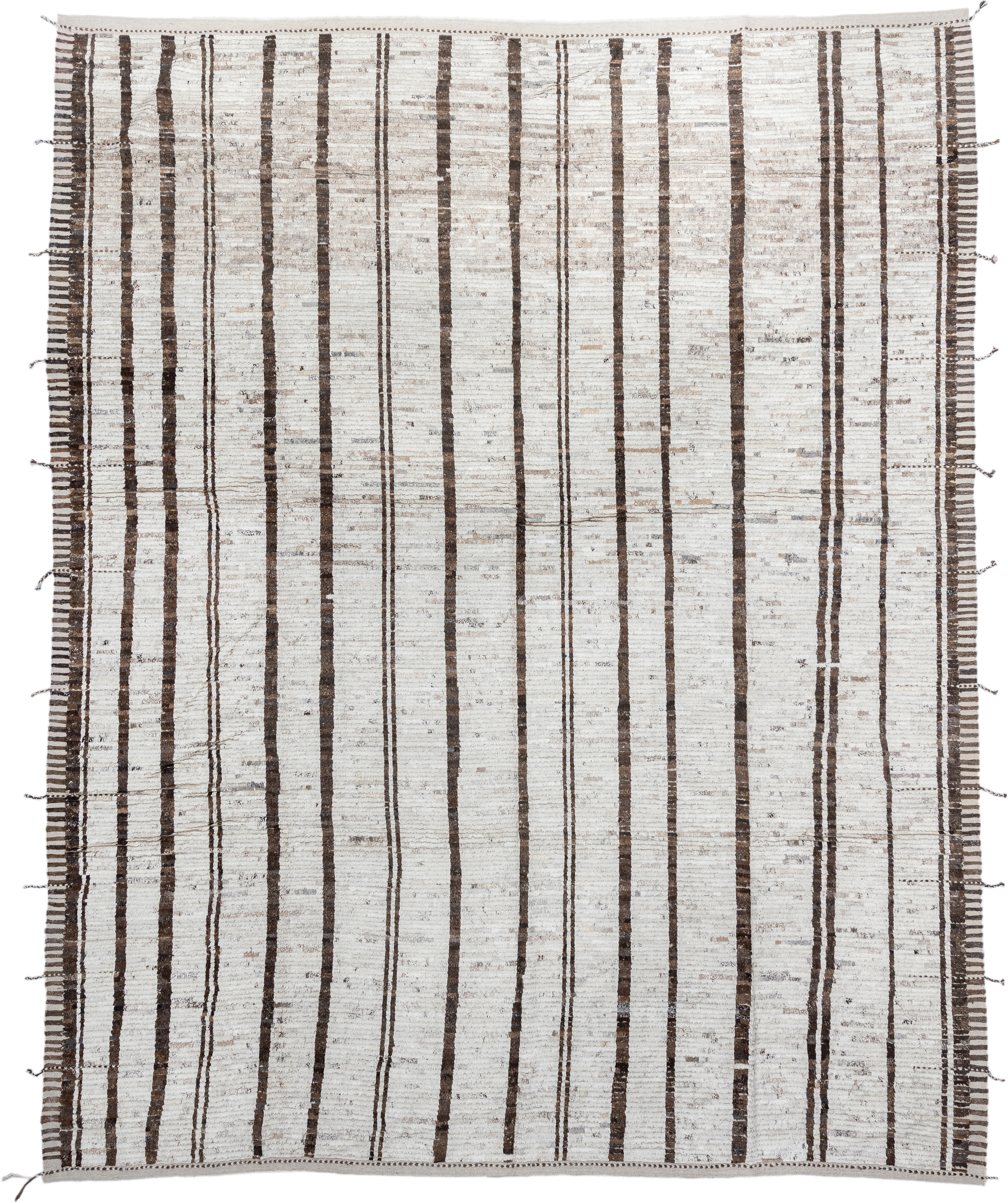 11' x 13' one-of-a-kind handmade vintage Tulu oversize rug. Color palette: ivory, brown, taupe, charcoal, beige, gray, black