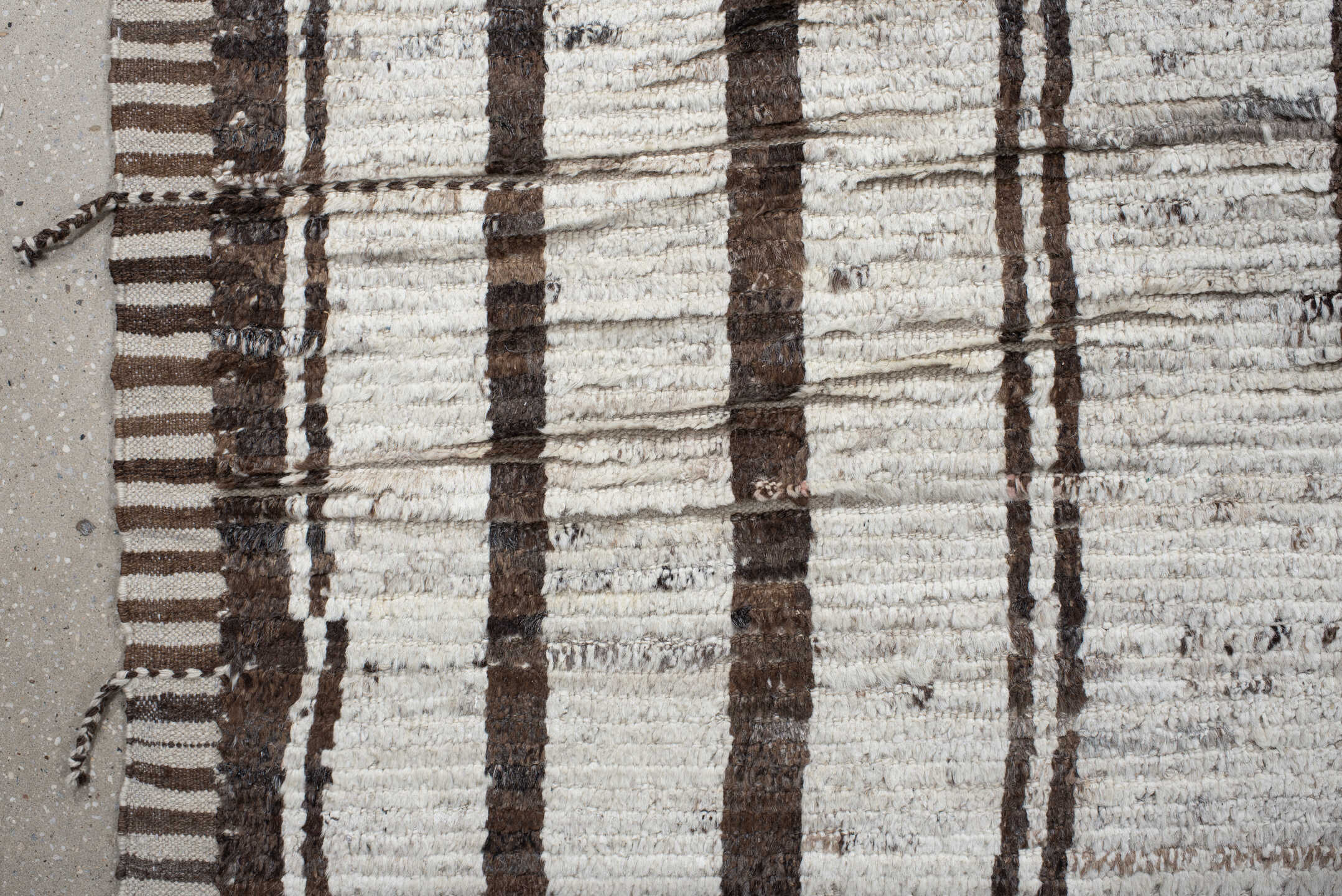11' x 13' one-of-a-kind handmade vintage Tulu oversize rug. Color palette: ivory, brown, taupe, charcoal, beige, gray, black