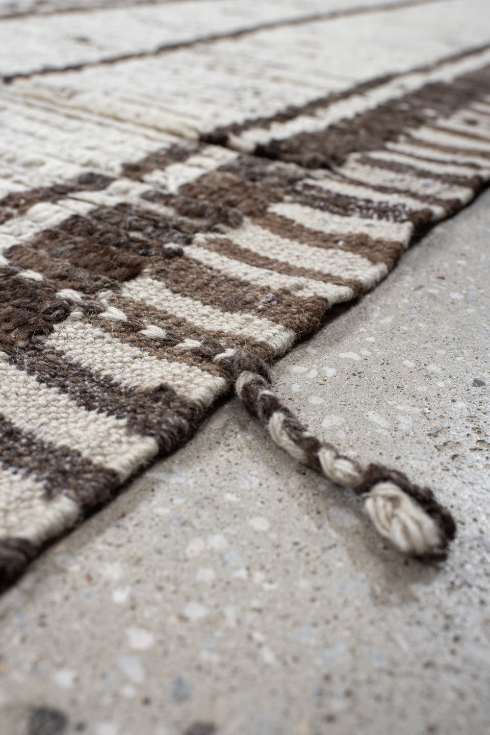 11' x 13' one-of-a-kind handmade vintage Tulu oversize rug. Color palette: ivory, brown, taupe, charcoal, beige, gray, black