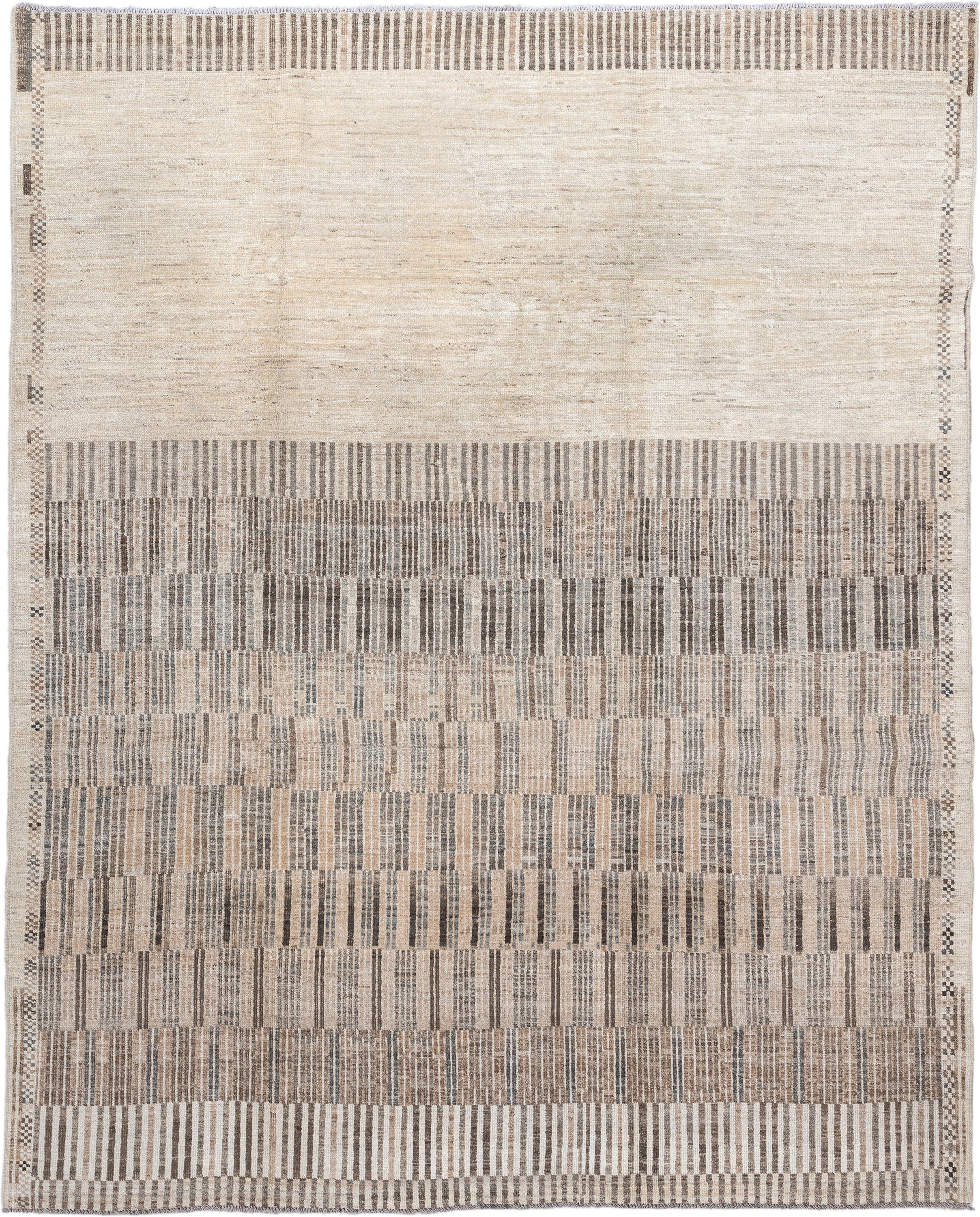 7' x 9' one-of-a-kind handmade vintage Tulu rug. Color palette: ivory, taupe, camel, charcoal, beige, gray, black