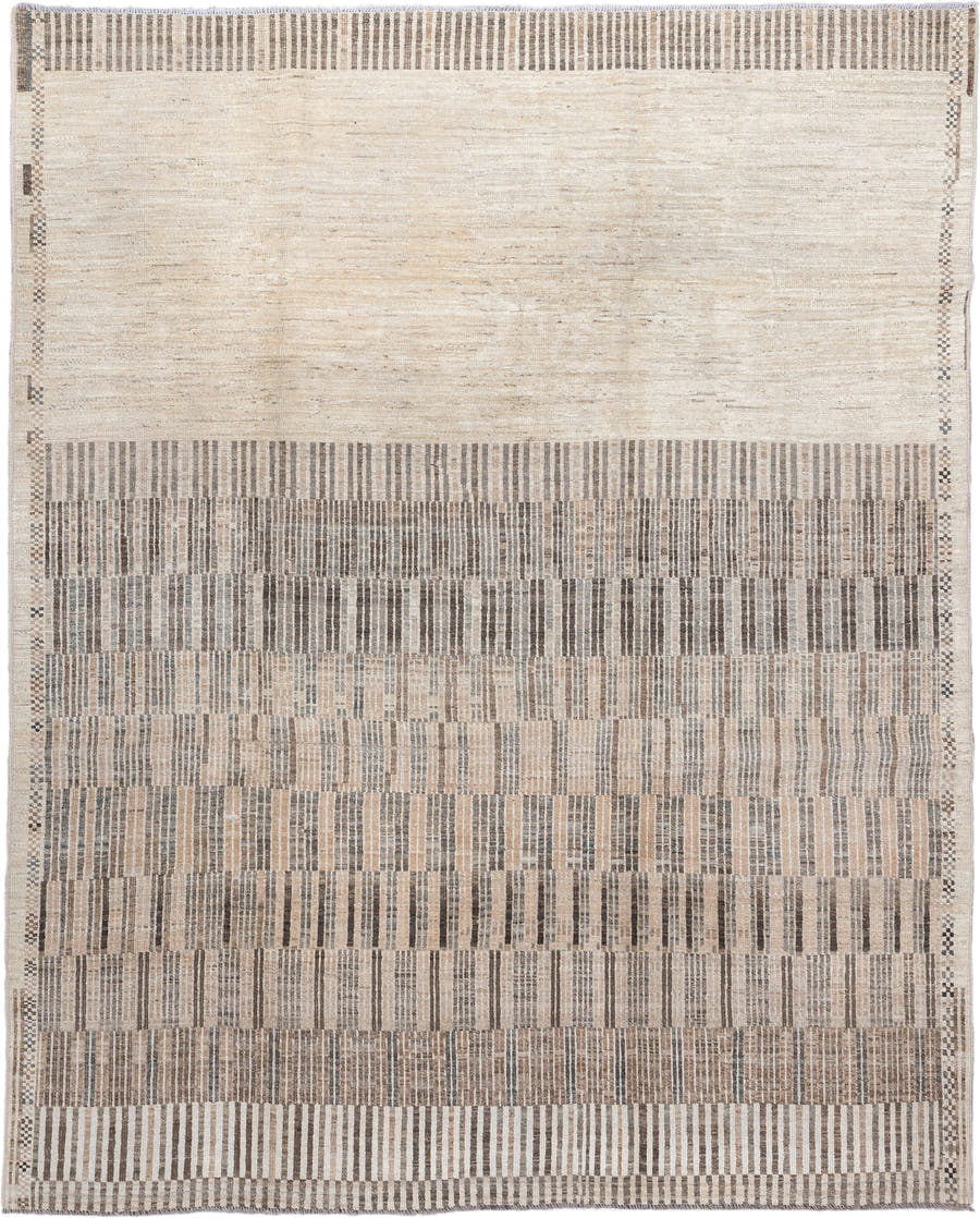 7' x 9' one-of-a-kind handmade vintage Tulu rug. Color palette: ivory, taupe, camel, charcoal, beige, gray, black