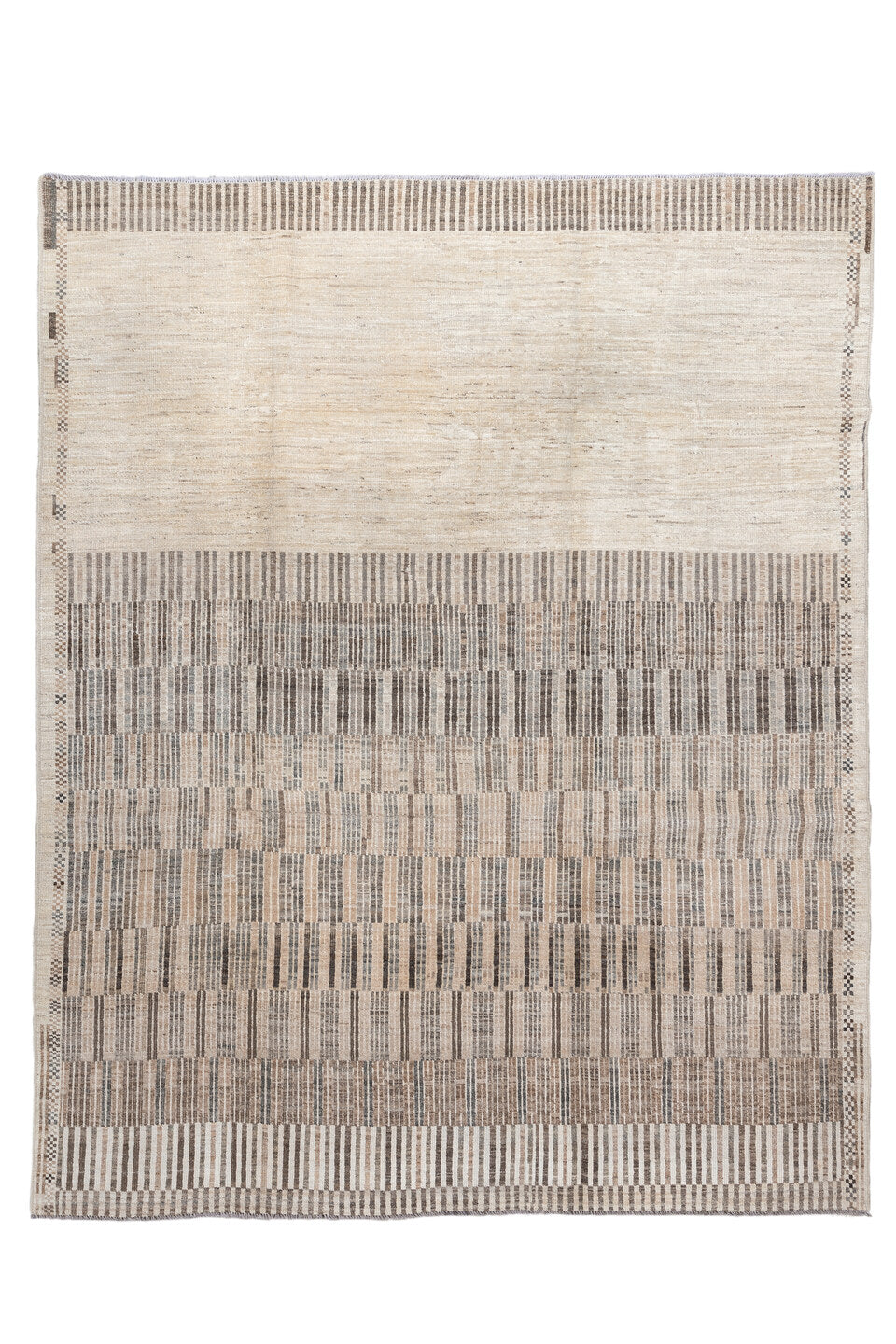 7' x 9' one-of-a-kind handmade vintage Tulu rug. Color palette: off-white, pink, gray, light gray, black, antiquewhite