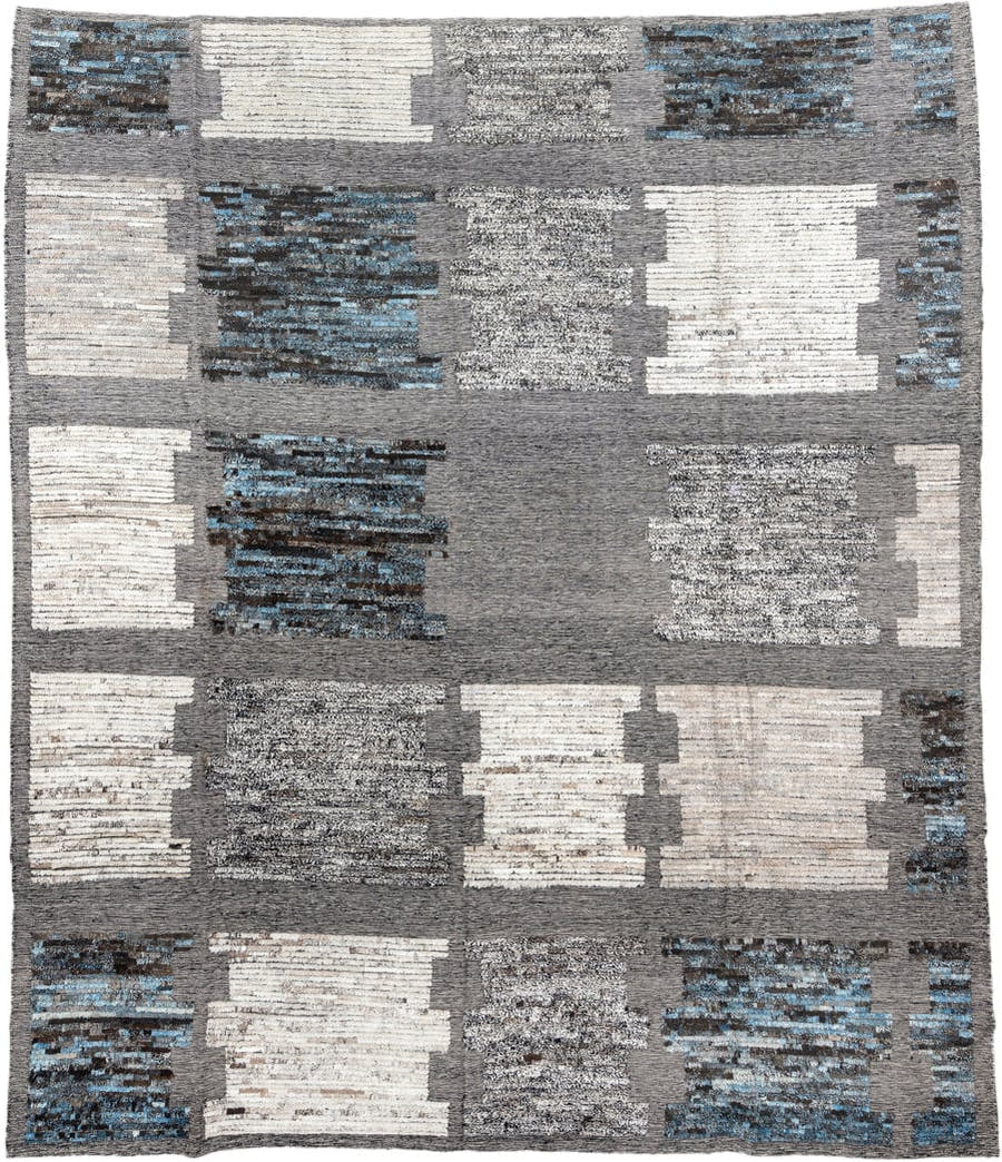 11' x 12' one-of-a-kind handmade vintage Tulu oversize rug. Color palette: gray, ivory, charcoal, sky blue, cream, taupe
