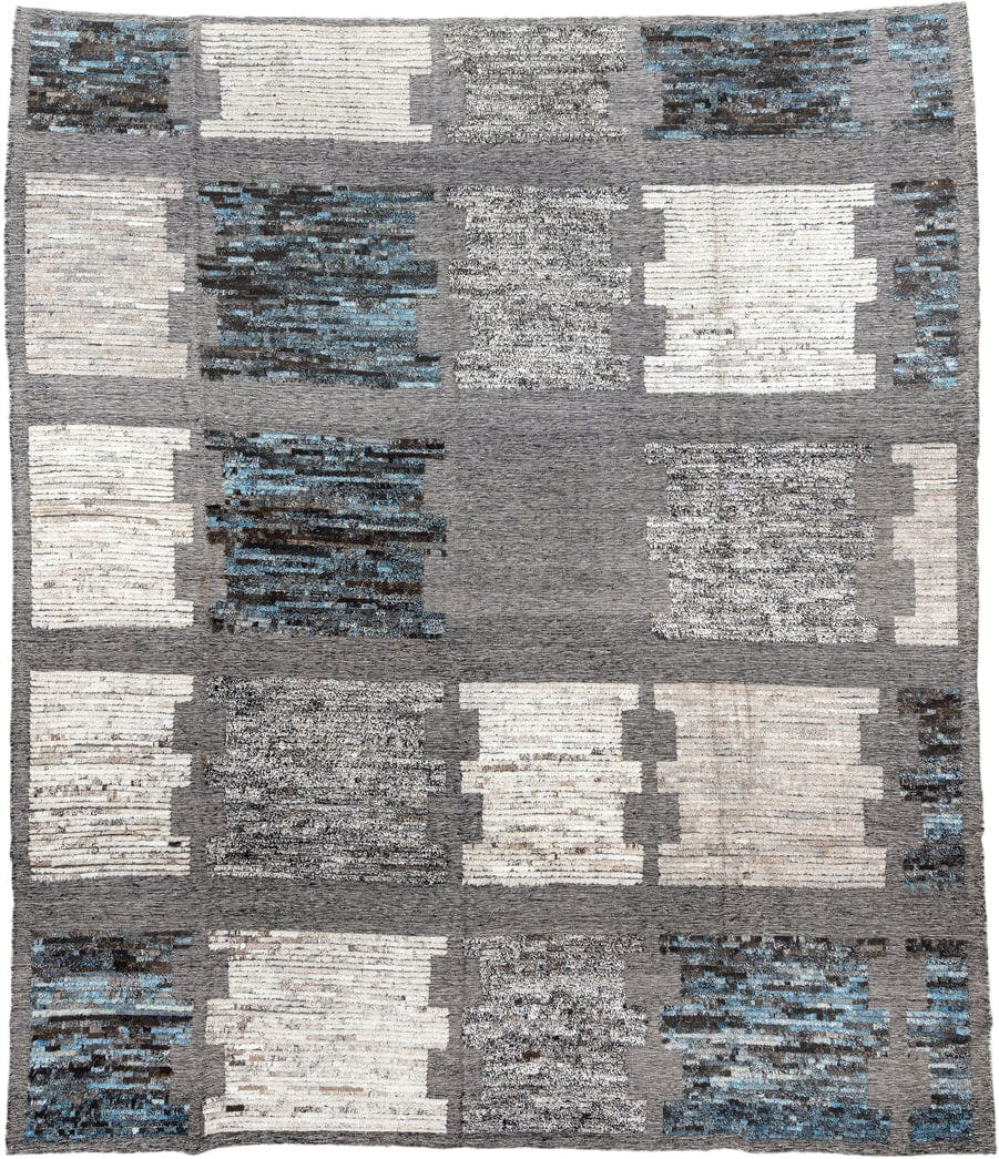 11' x 12' one-of-a-kind handmade vintage Tulu oversize rug. Color palette: gray, ivory, charcoal, sky blue, cream, taupe