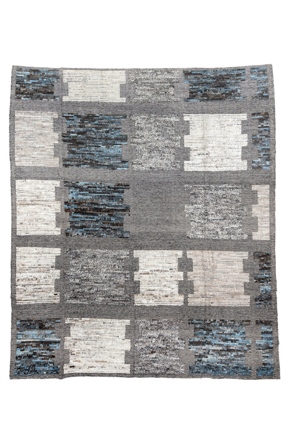 11' x 12' one-of-a-kind handmade vintage Tulu oversize rug. Color palette: light blue, gray, off-white, light gray, blue