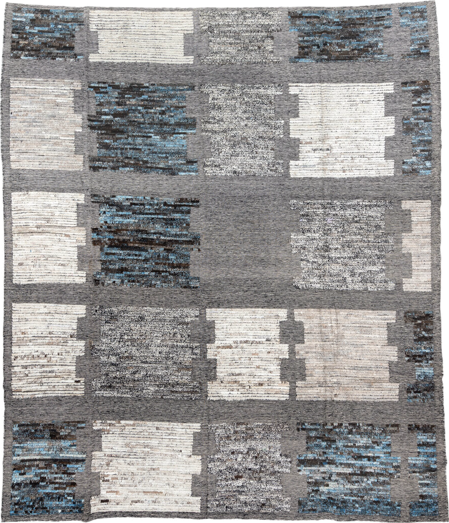 11' x 12' one-of-a-kind handmade vintage Tulu oversize rug. Color palette: gray, ivory, charcoal, sky blue, cream, taupe