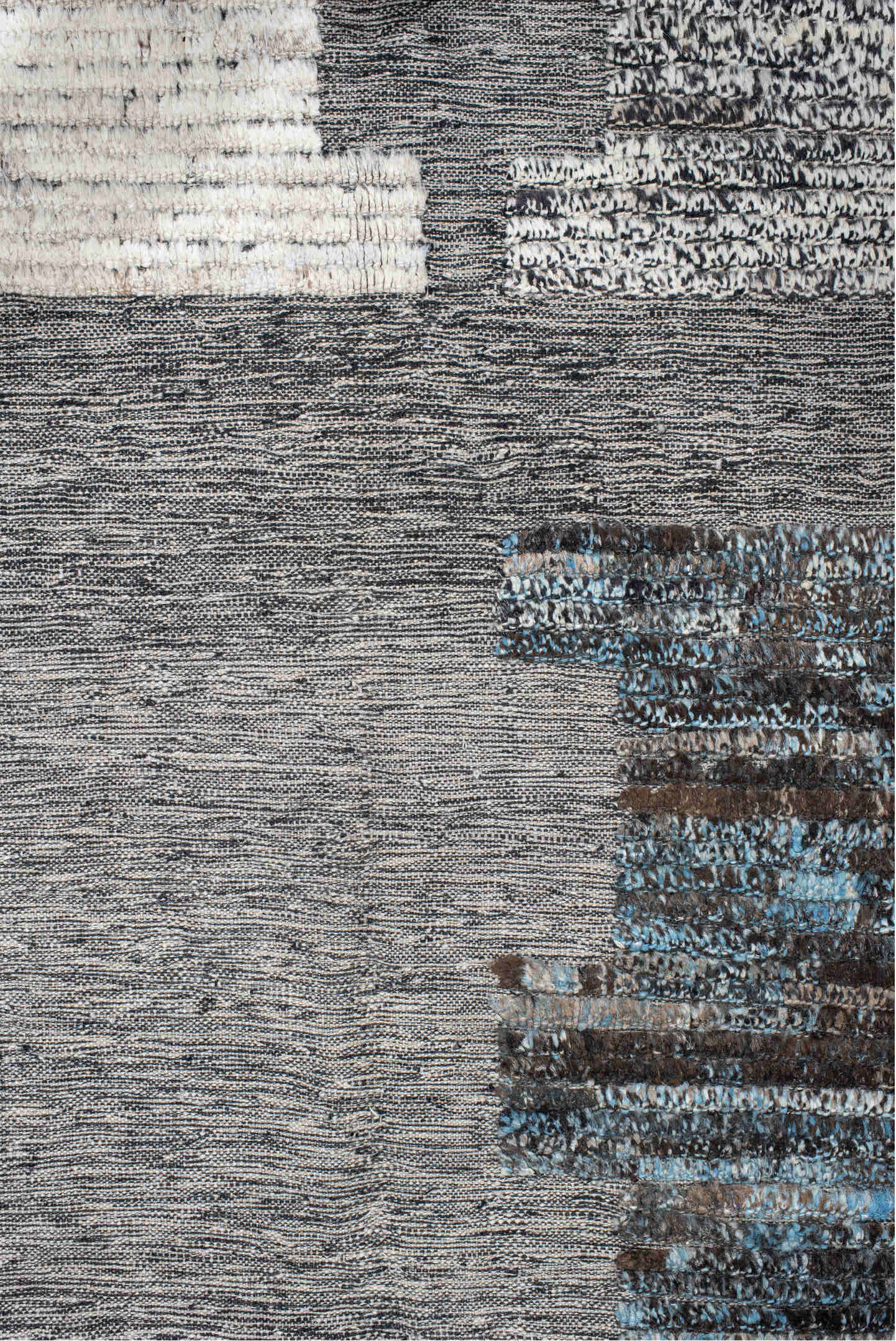 11' x 12' one-of-a-kind handmade vintage Tulu oversize rug. Color palette: gray, ivory, charcoal, sky blue, cream, taupe