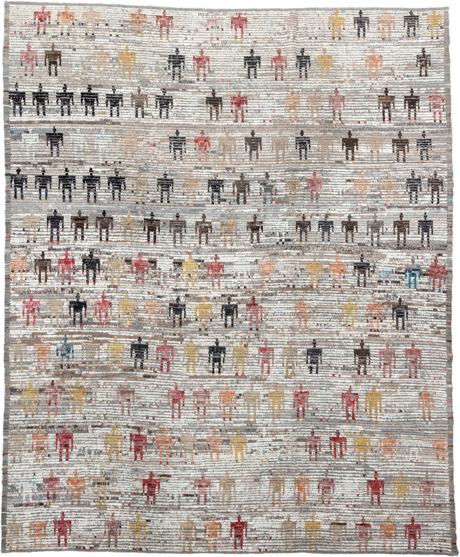 9' x 11' one-of-a-kind handmade vintage Tulu large size rug. Color palette: ivory, gray, charcoal, taupe, rust, gold, brown