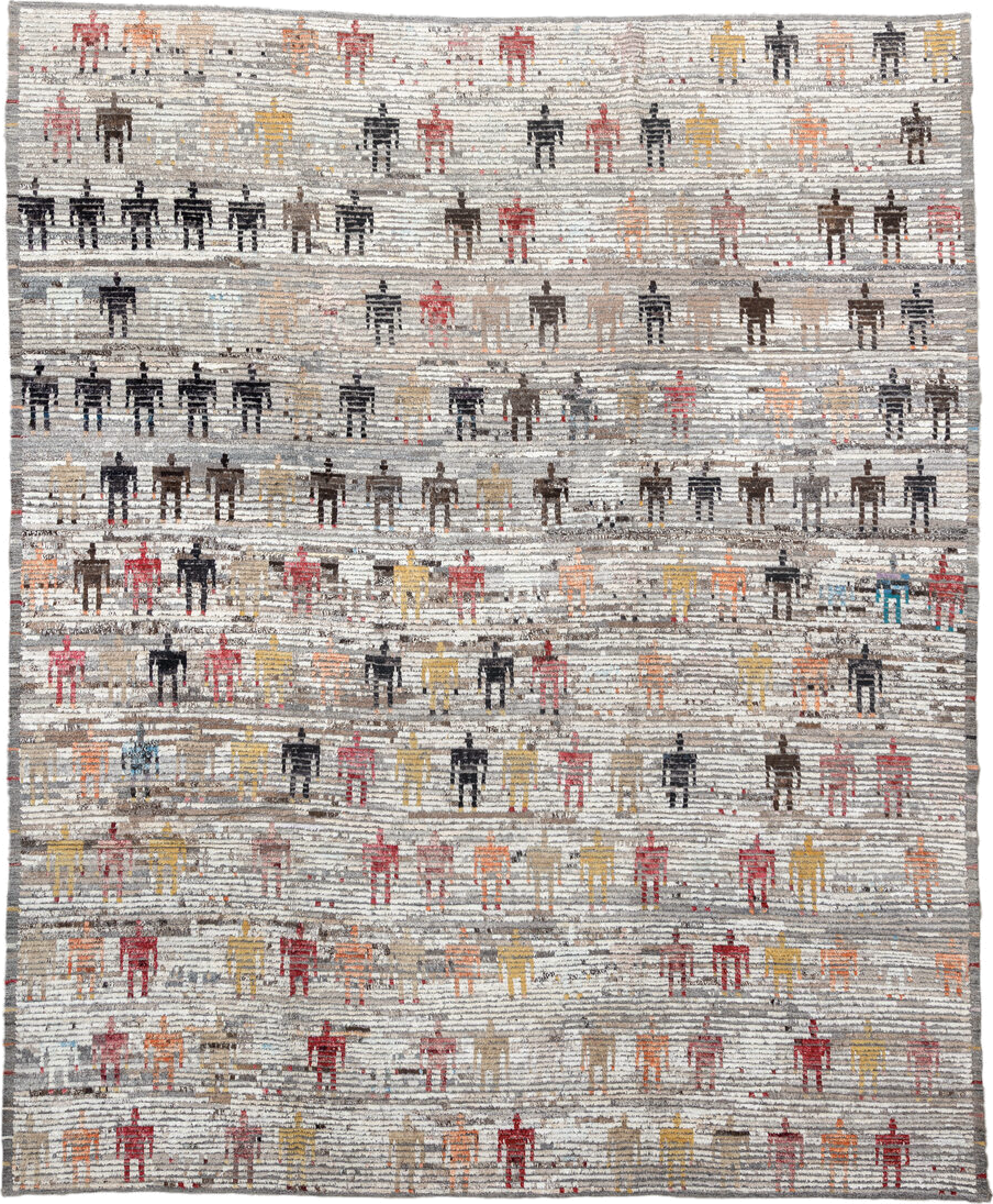 9' x 11' one-of-a-kind handmade vintage Tulu large size rug. Color palette: ivory, gray, charcoal, taupe, rust, gold, brown