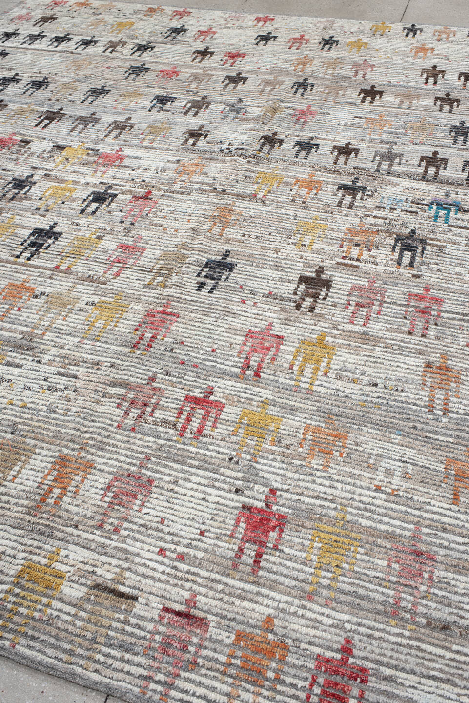 9' x 11' one-of-a-kind handmade vintage Tulu large size rug. Color palette: ivory, gray, charcoal, taupe, rust, gold, brown