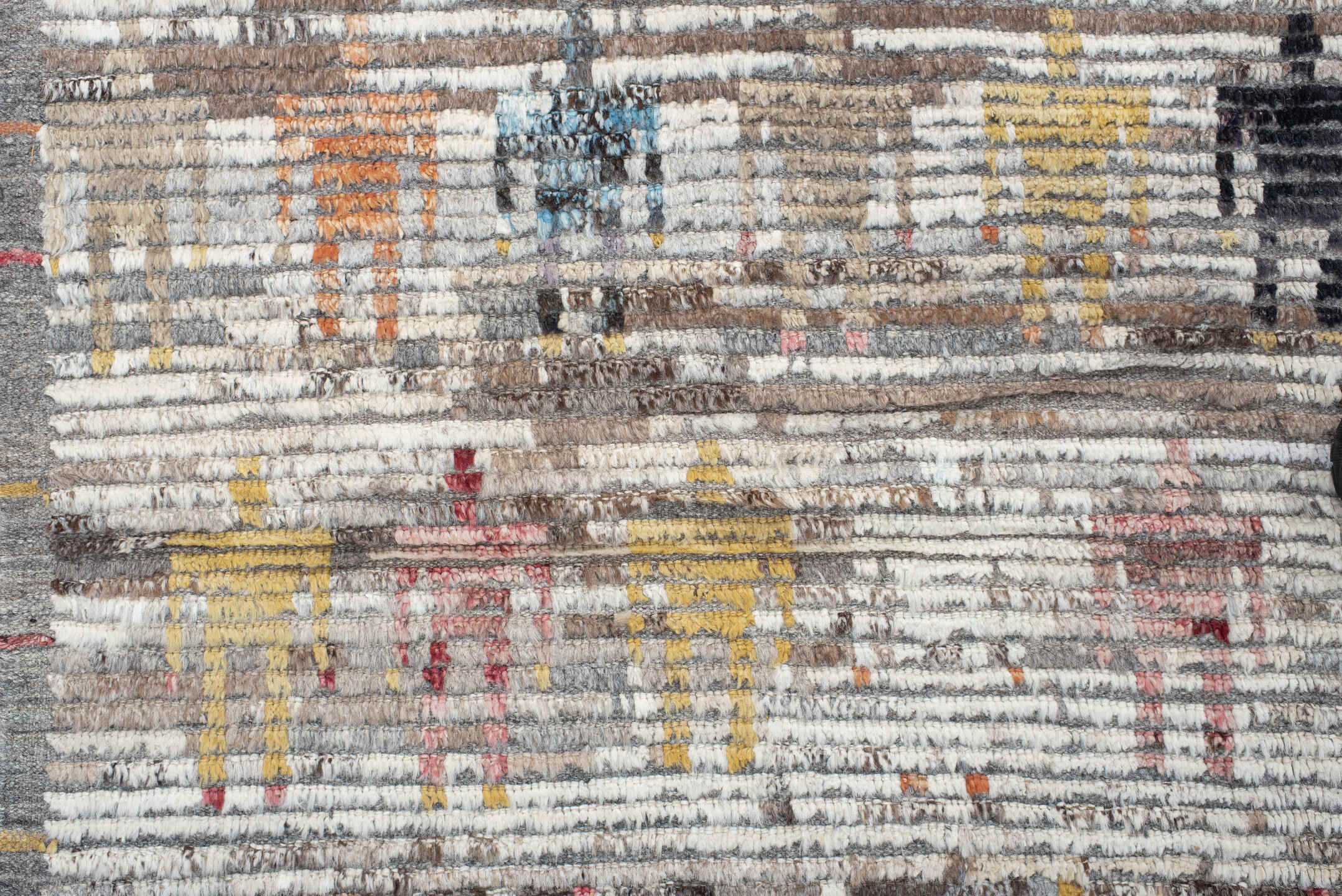 9' x 11' one-of-a-kind handmade vintage Tulu large size rug. Color palette: ivory, gray, charcoal, taupe, rust, gold, brown