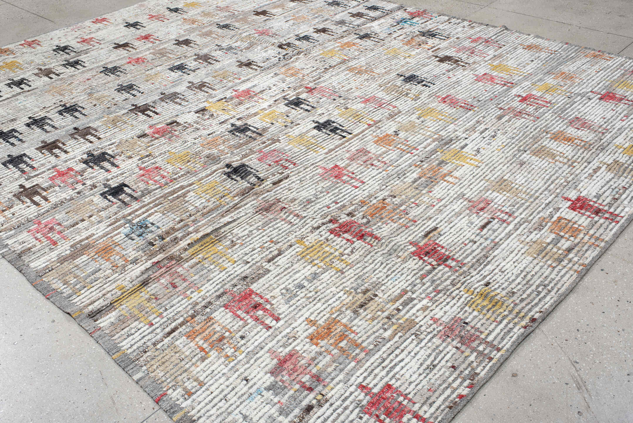 9' x 11' one-of-a-kind handmade vintage Tulu large size rug. Color palette: ivory, gray, charcoal, taupe, rust, gold, brown