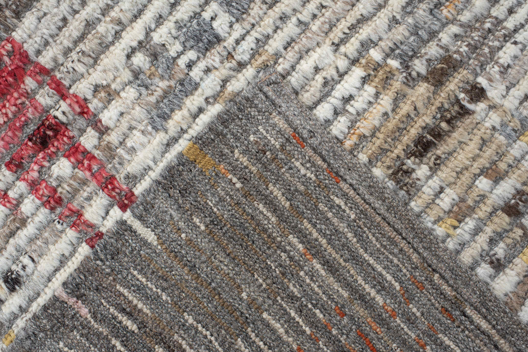9' x 11' one-of-a-kind handmade vintage Tulu large size rug. Color palette: ivory, gray, charcoal, taupe, rust, gold, brown