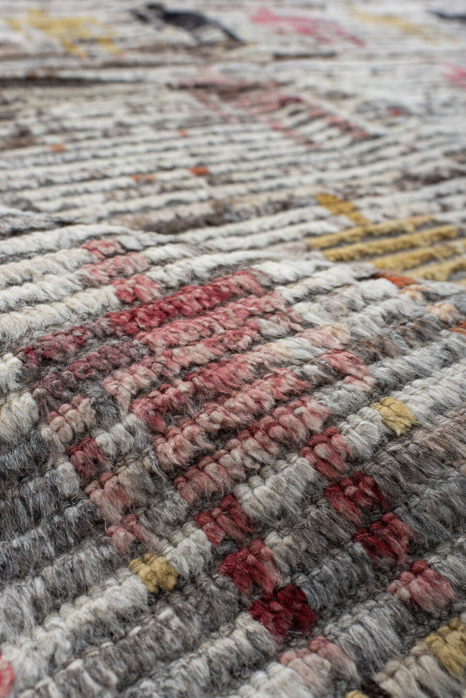 9' x 11' one-of-a-kind handmade vintage Tulu large size rug. Color palette: ivory, gray, charcoal, taupe, rust, gold, brown