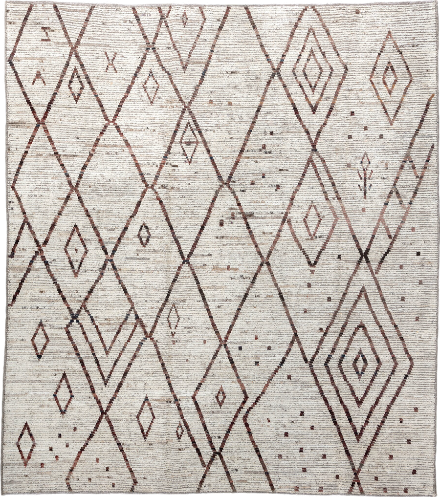 8' x 9' one-of-a-kind handmade vintage Tulu rug. Color palette: ivory, brown, taupe, charcoal, rose, beige, gray, black