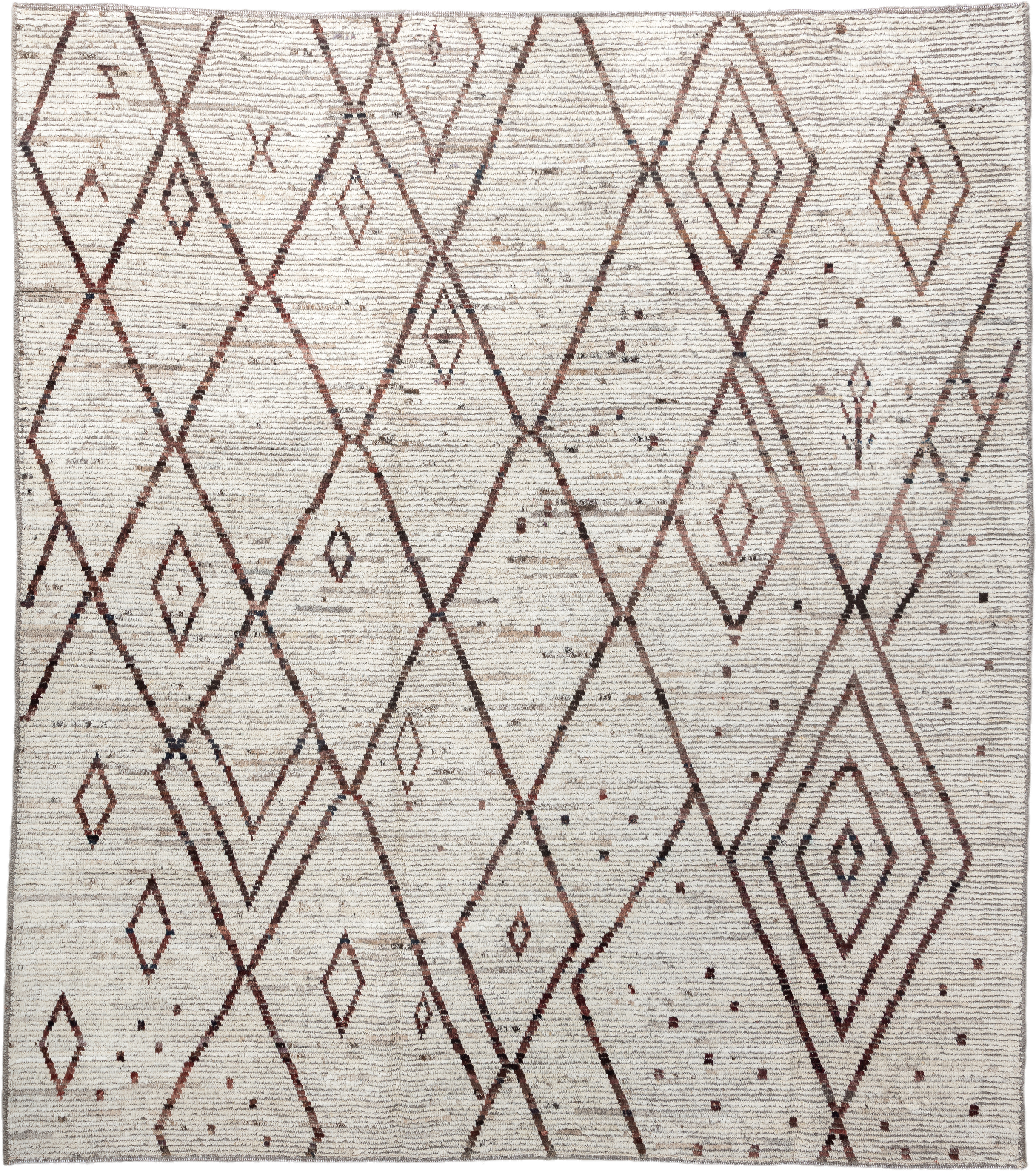 8' x 9' one-of-a-kind handmade vintage Tulu rug. Color palette: ivory, brown, taupe, charcoal, rose, beige, gray, black