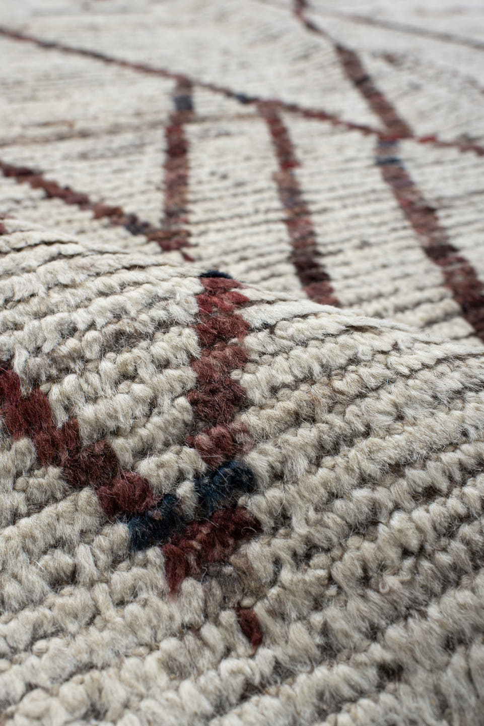 8' x 9' one-of-a-kind handmade vintage Tulu rug. Color palette: ivory, brown, taupe, charcoal, rose, beige, gray, black