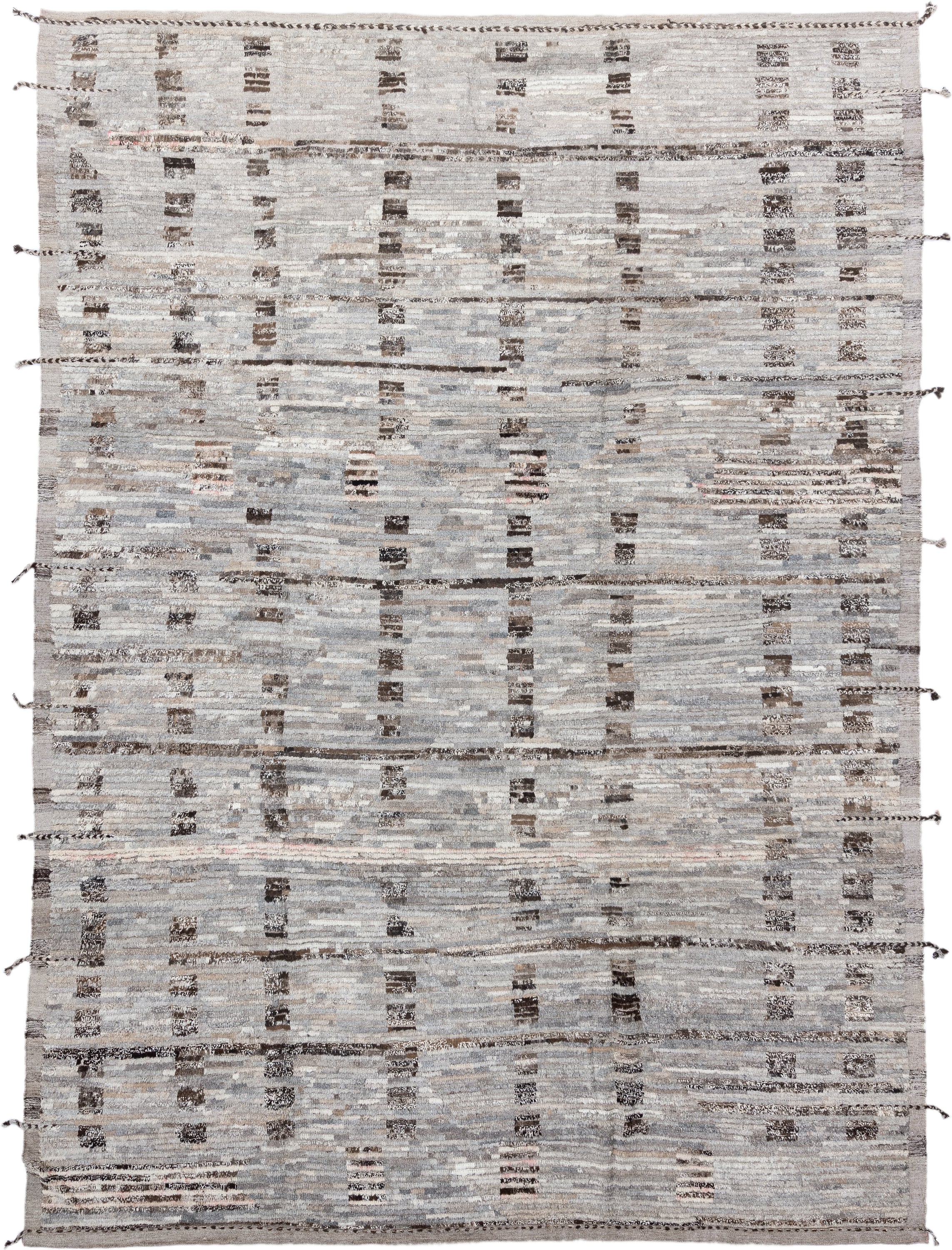 8' x 12' one-of-a-kind handmade vintage Tulu large size rug. Color palette: ivory, taupe, gray, charcoal, brown, cream, rose