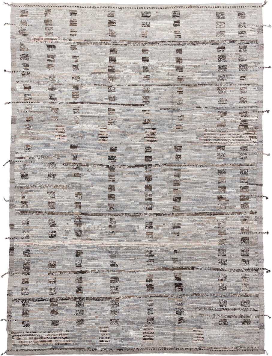 8' x 12' one-of-a-kind handmade vintage Tulu large size rug. Color palette: ivory, taupe, gray, charcoal, brown, cream, rose