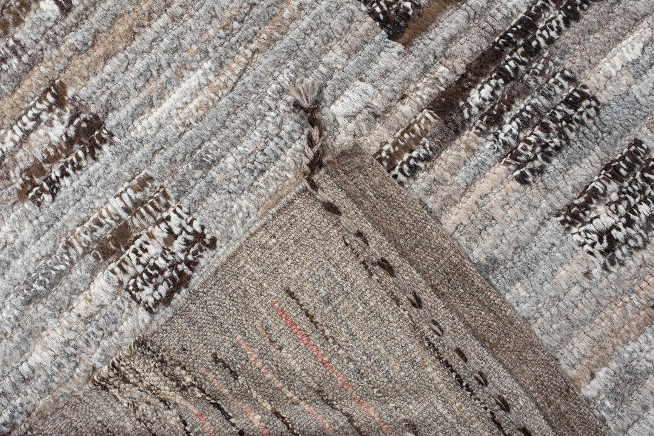 8' x 12' one-of-a-kind handmade vintage Tulu large size rug. Color palette: ivory, taupe, gray, charcoal, brown, cream, rose