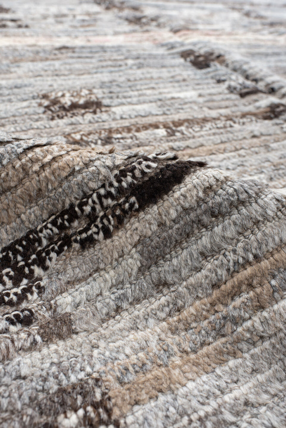 8' x 12' one-of-a-kind handmade vintage Tulu large size rug. Color palette: ivory, taupe, gray, charcoal, brown, cream, rose