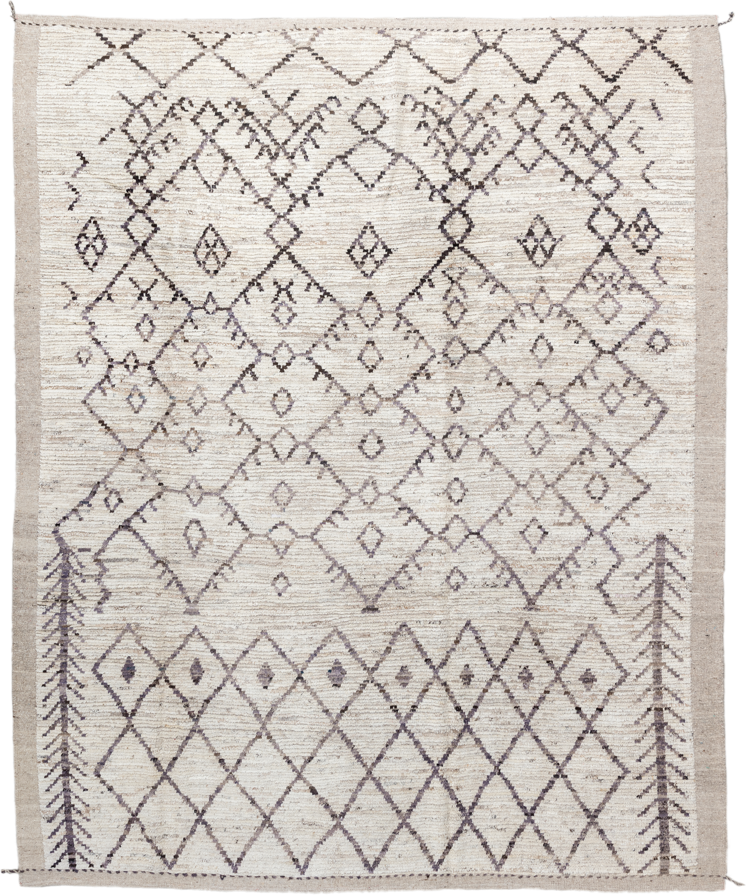 8' x 10' one-of-a-kind handmade vintage Tulu large size rug. Color palette: ivory, taupe, charcoal, brown, cream, beige