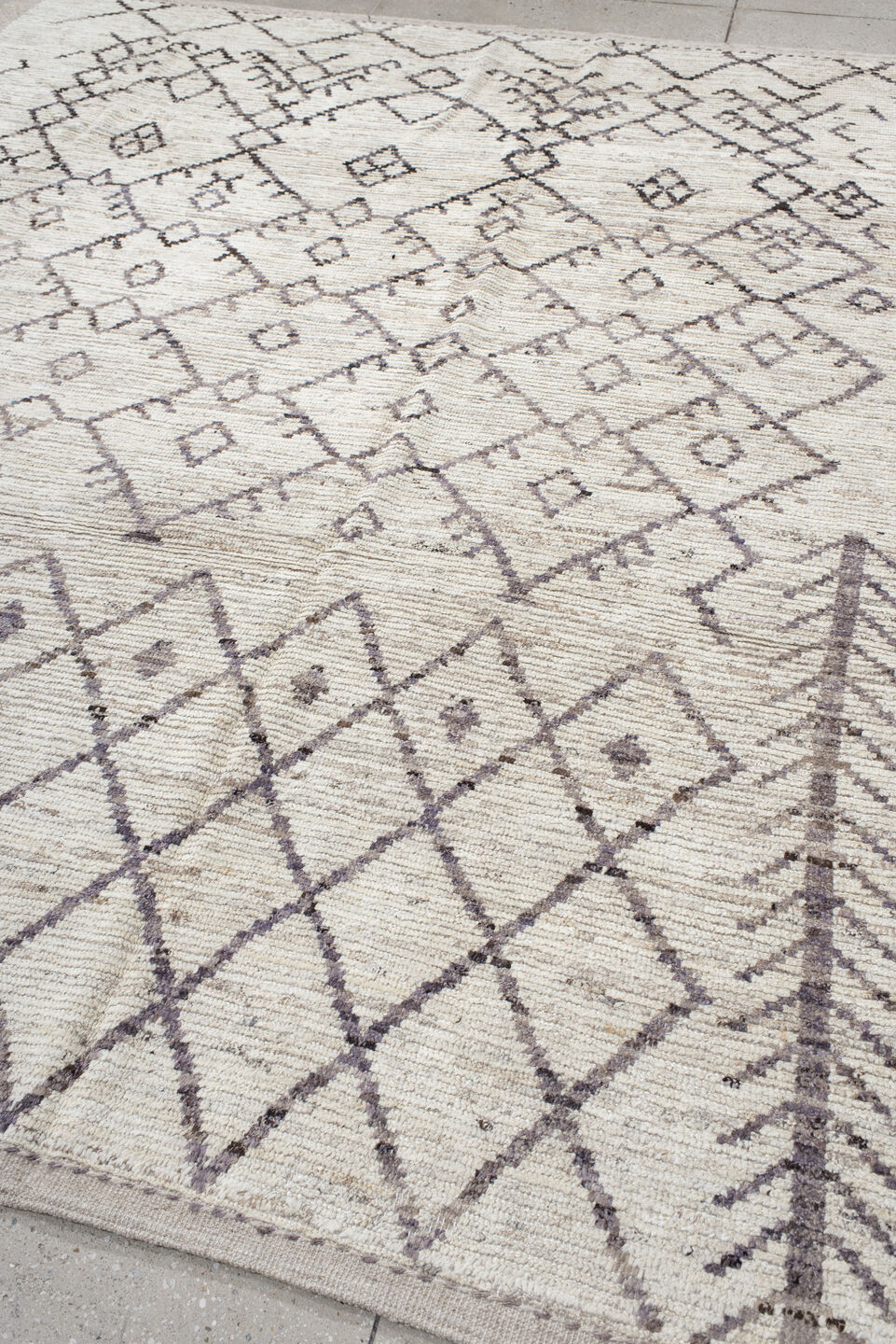 8' x 10' one-of-a-kind handmade vintage Tulu large size rug. Color palette: ivory, taupe, charcoal, brown, cream, beige