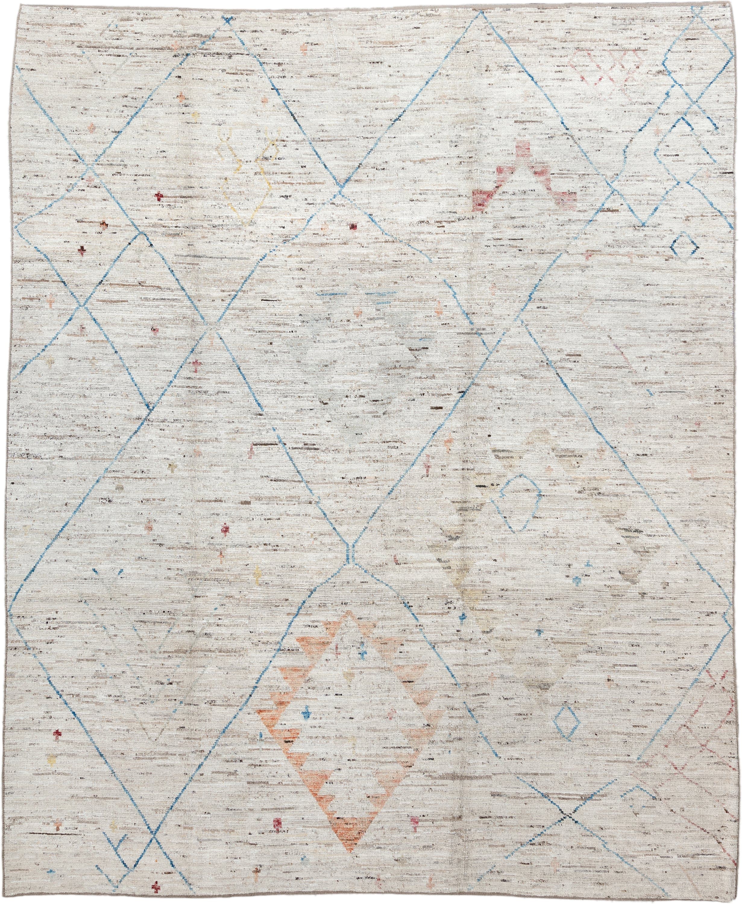 11' x 9' one-of-a-kind handmade vintage Tulu rug. Color palette: ivory, sky_blue, taupe, peach, blush, muted_gold, brown