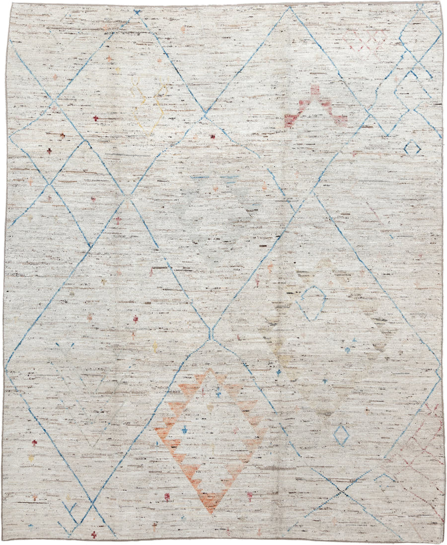 11' x 9' one-of-a-kind handmade vintage Tulu rug. Color palette: ivory, sky_blue, taupe, peach, blush, muted_gold, brown