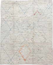 11' x 9' one-of-a-kind handmade vintage Tulu rug. Color palette: ivory, sky_blue, taupe, peach, blush, muted_gold, brown