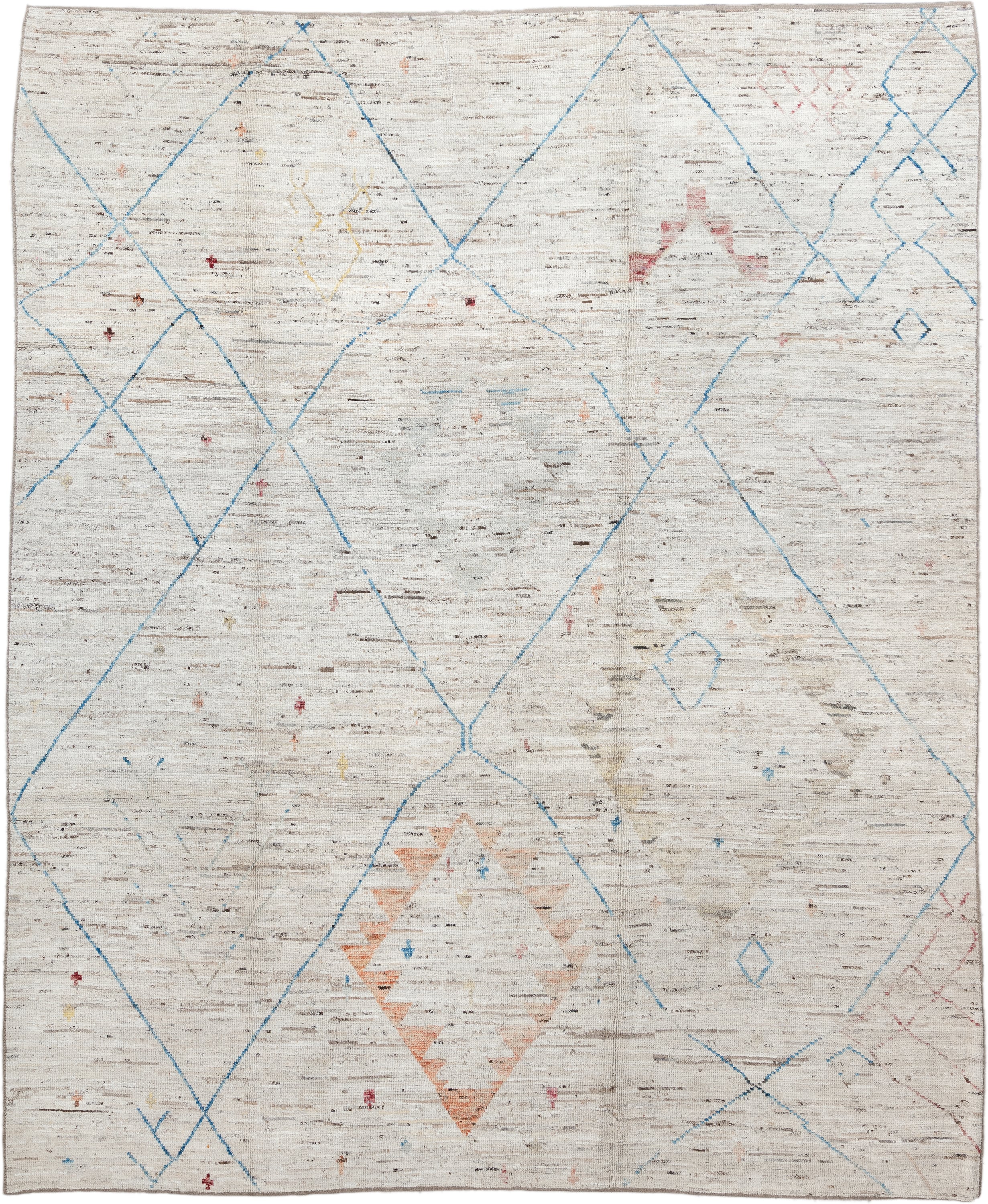 11' x 9' one-of-a-kind handmade vintage Tulu rug. Color palette: ivory, sky_blue, taupe, peach, blush, muted_gold, brown