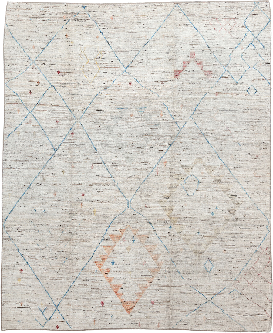 11' x 9' one-of-a-kind handmade vintage Tulu rug. Color palette: ivory, sky_blue, taupe, peach, blush, muted_gold, brown