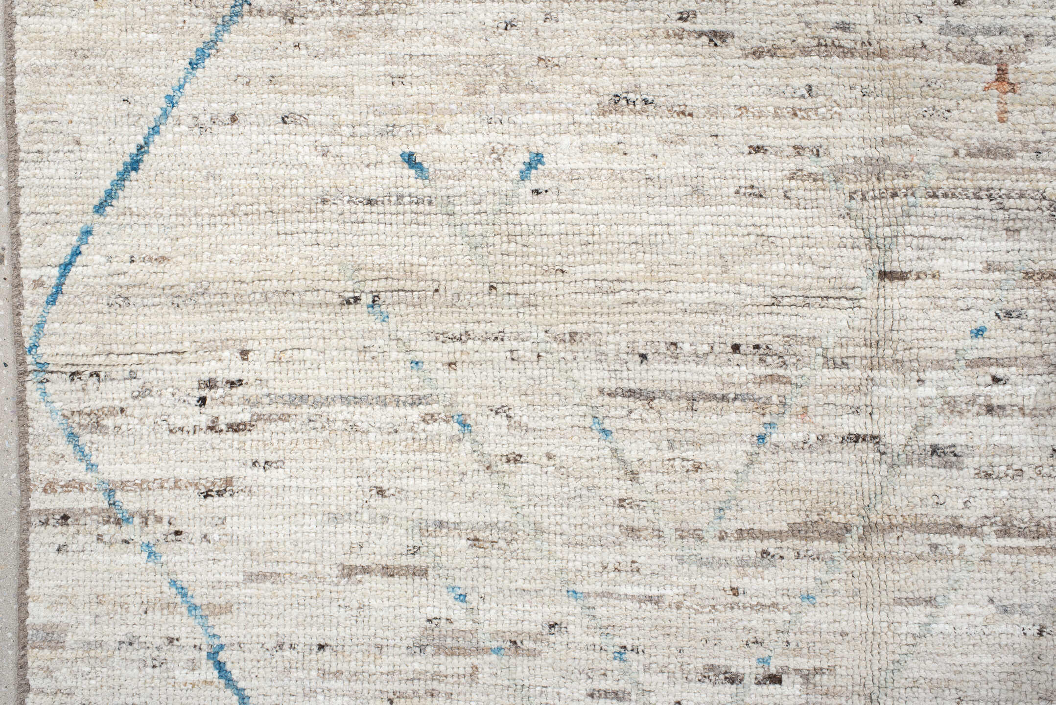 11' x 9' one-of-a-kind handmade vintage Tulu rug. Color palette: ivory, sky_blue, taupe, peach, blush, muted_gold, brown