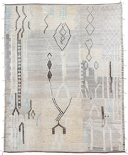 12' x 15' one-of-a-kind handmade vintage Tulu oversize rug. Color palette: ivory, gray, charcoal, sky_blue, cream, taupe