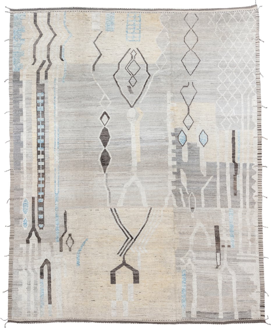 12' x 15' one-of-a-kind handmade vintage Tulu oversize rug. Color palette: ivory, gray, charcoal, sky_blue, cream, taupe