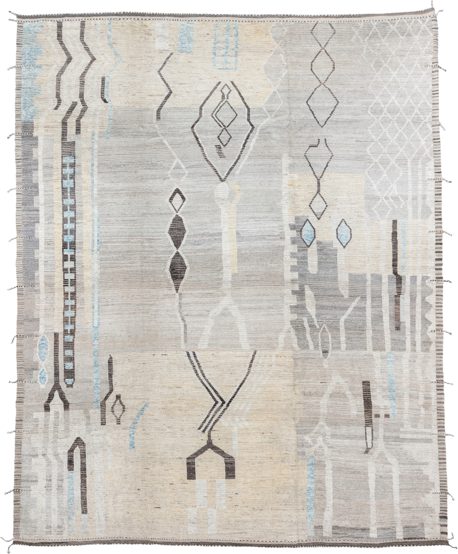 12' x 15' one-of-a-kind handmade vintage Tulu oversize rug. Color palette: ivory, gray, charcoal, sky_blue, cream, taupe