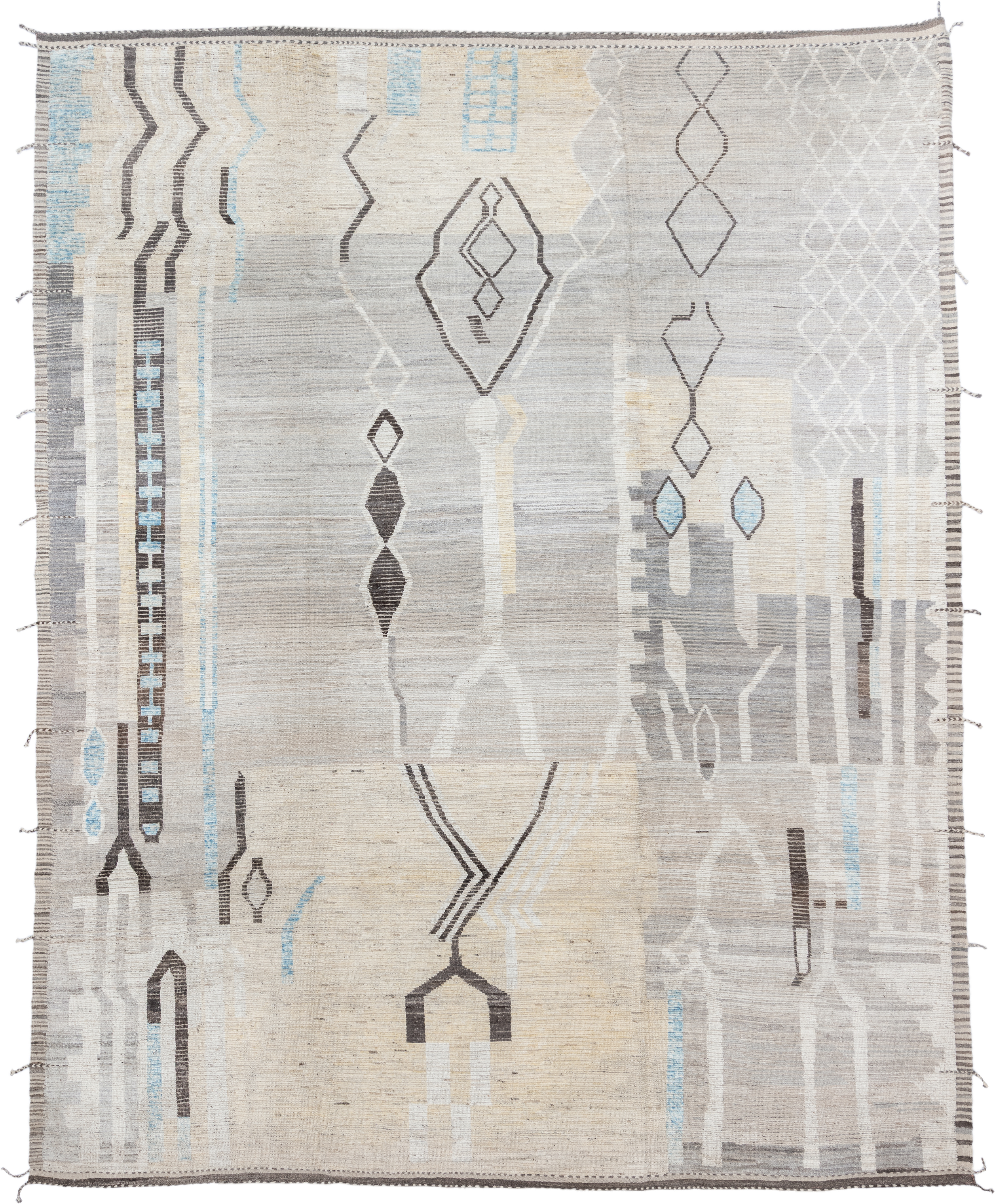 12' x 15' one-of-a-kind handmade vintage Tulu oversize rug. Color palette: ivory, gray, charcoal, sky_blue, cream, taupe