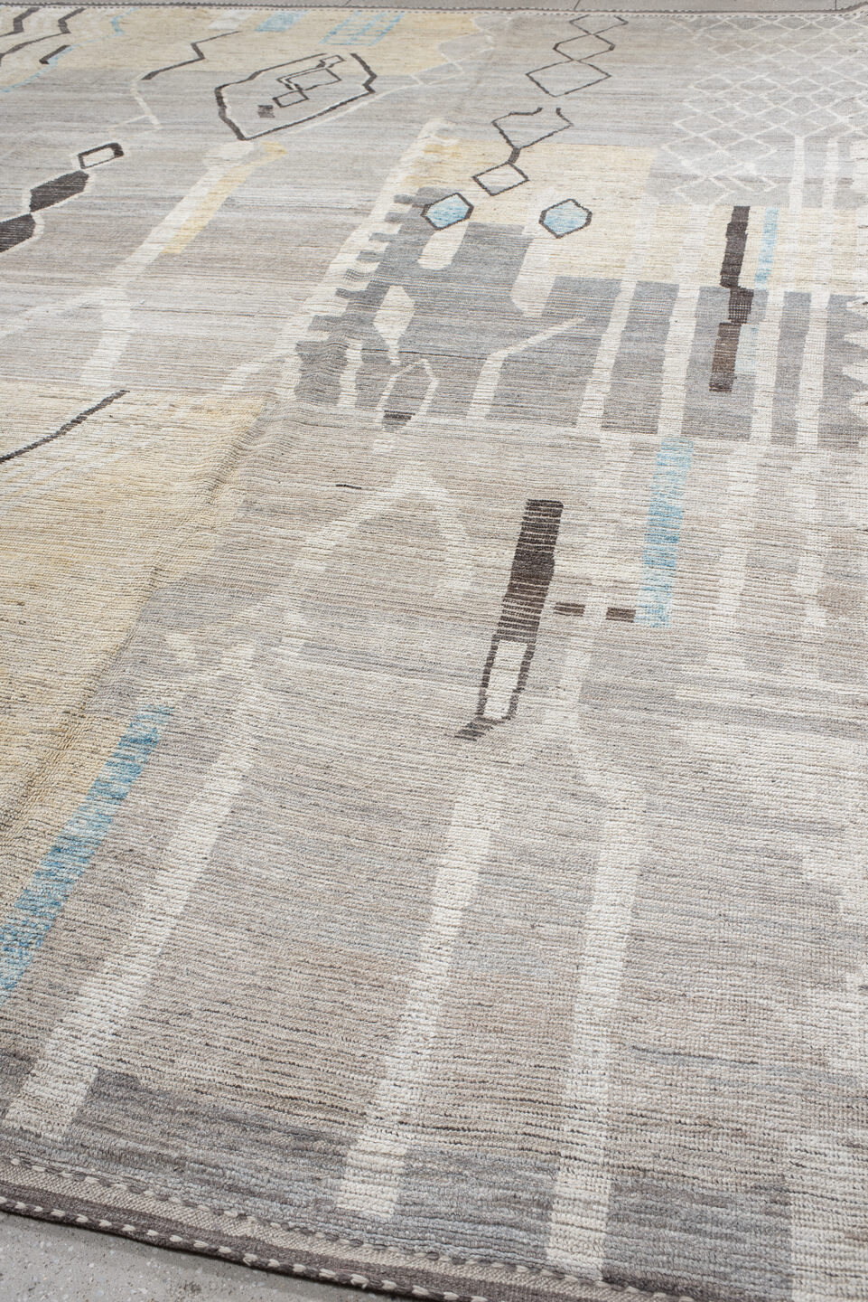 12' x 15' one-of-a-kind handmade vintage Tulu oversize rug. Color palette: dark gray, dim gray, gainsboro, gray, light blue