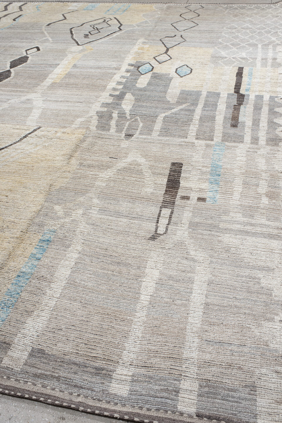 12' x 15' one-of-a-kind handmade vintage Tulu oversize rug. Color palette: ivory, gray, charcoal, sky_blue, cream, taupe
