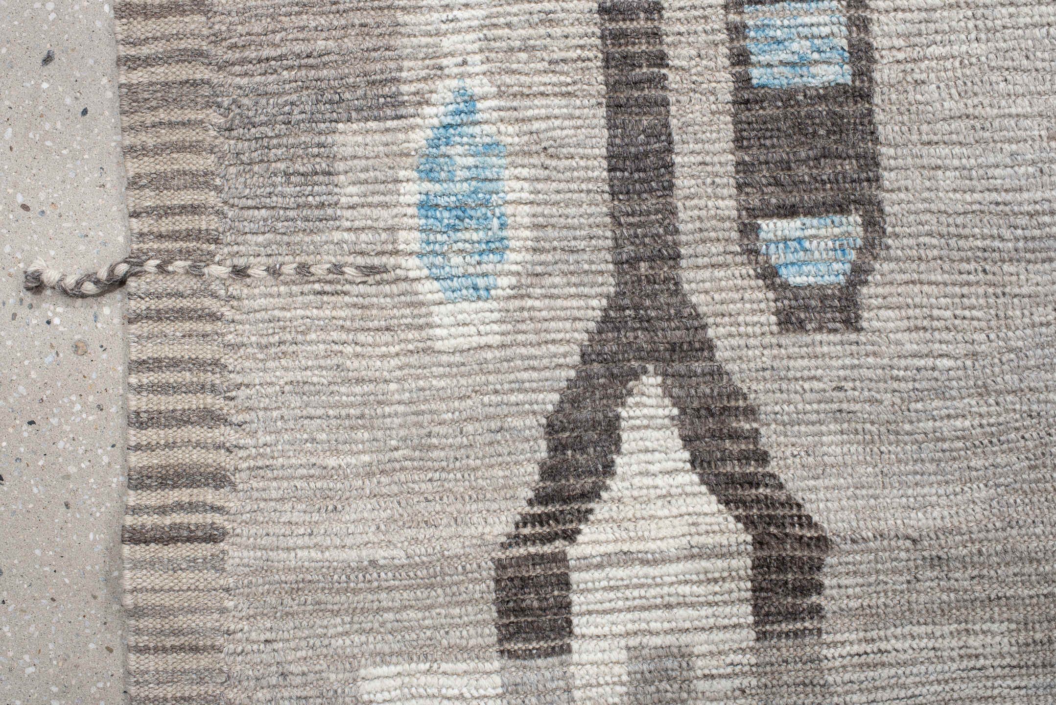 12' x 15' one-of-a-kind handmade vintage Tulu oversize rug. Color palette: ivory, gray, charcoal, sky_blue, cream, taupe