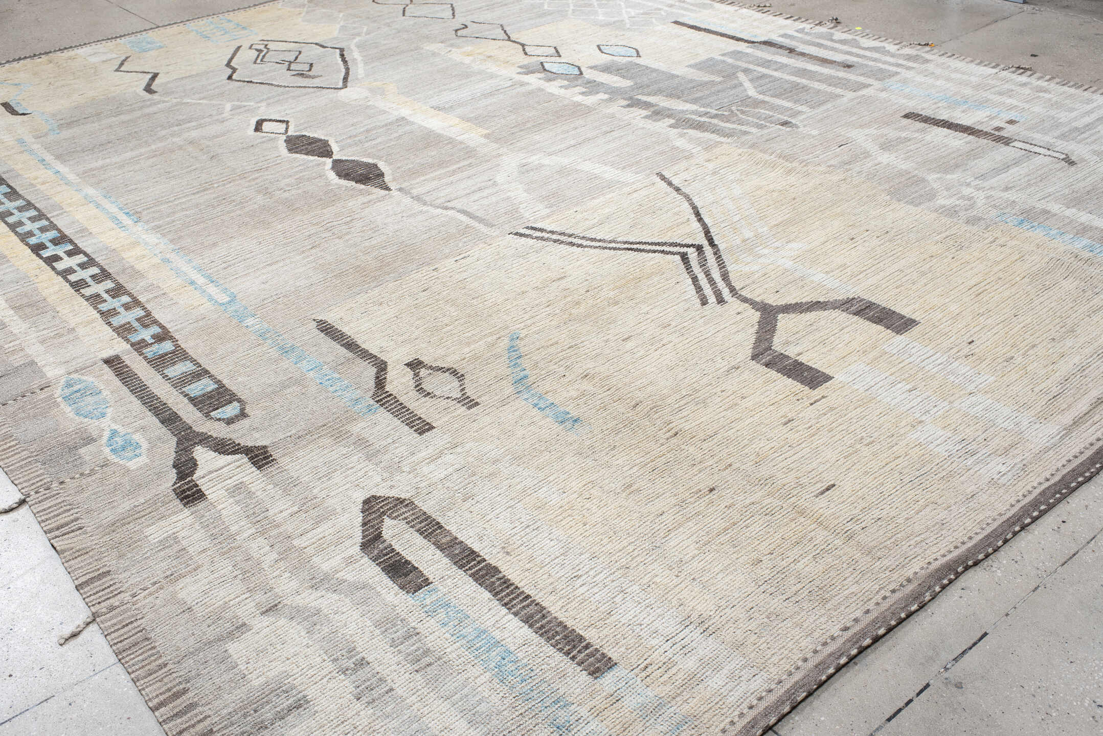 12' x 15' one-of-a-kind handmade vintage Tulu oversize rug. Color palette: ivory, gray, charcoal, sky_blue, cream, taupe