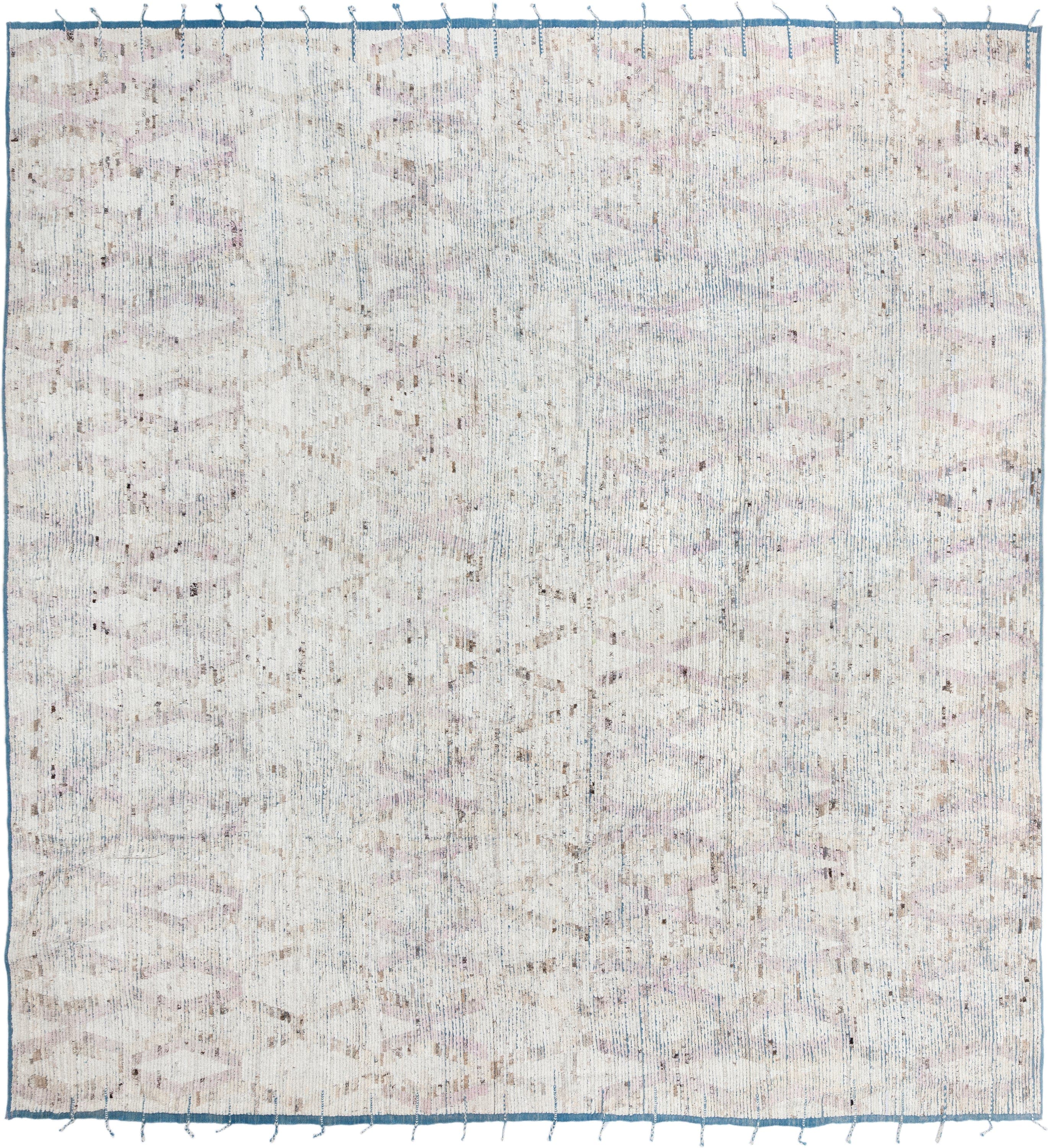 14' x 15' one-of-a-kind handmade vintage Tulu oversize rug. Color palette: ivory, pale blue, blush, taupe, beige, brown
