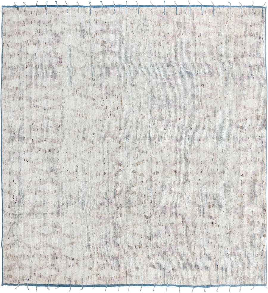 14' x 15' one-of-a-kind handmade vintage Tulu oversize rug. Color palette: ivory, pale blue, blush, taupe, beige, brown