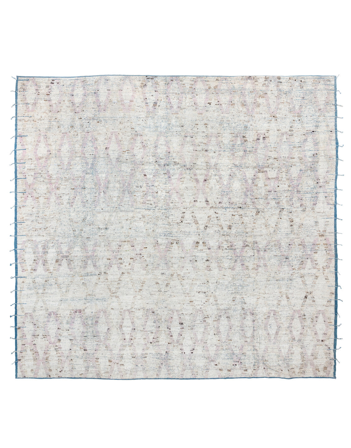 14' x 15' one-of-a-kind handmade vintage Tulu oversize rug. Color palette: dark gray, gray, light gray, linen, off-white